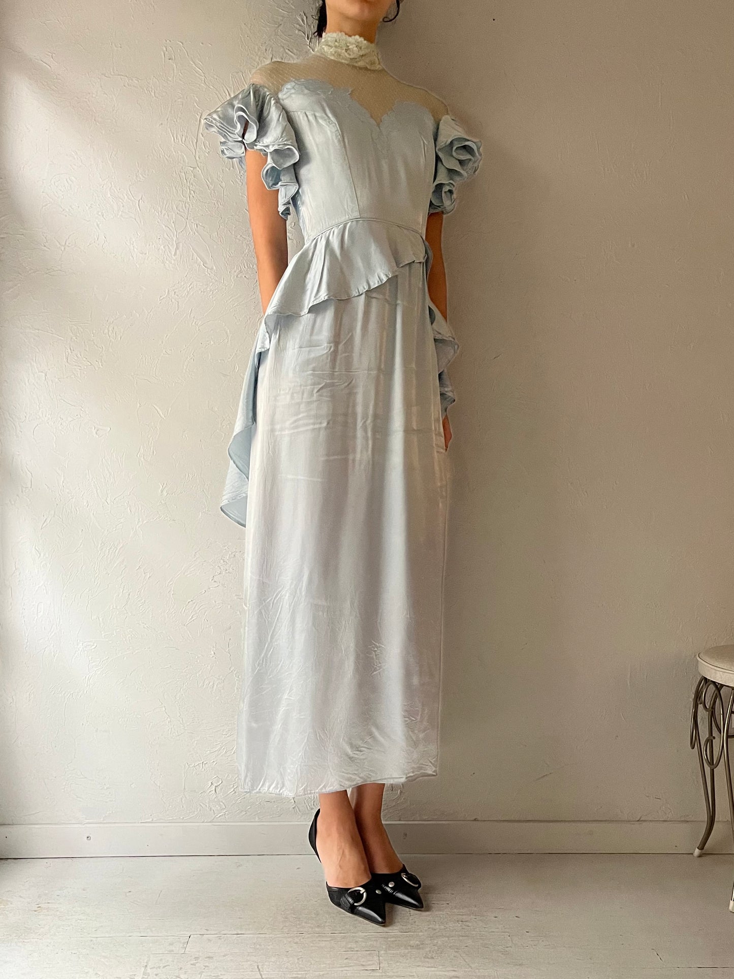 80s Pale Blue Formal Satin Dress / Small
