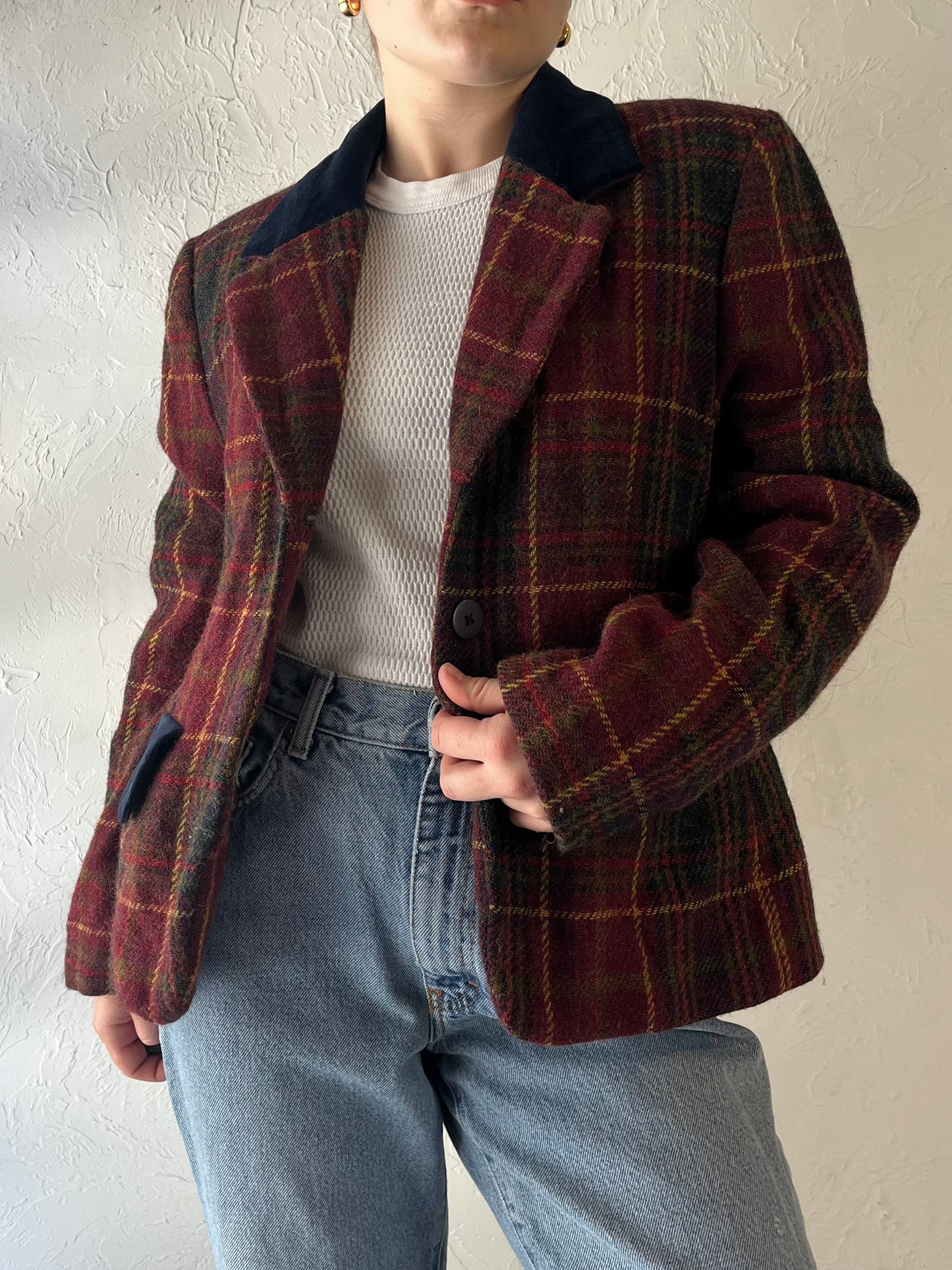 90s 'Jones New York' Knit Wool Plaid Blazer Jacket / Medium