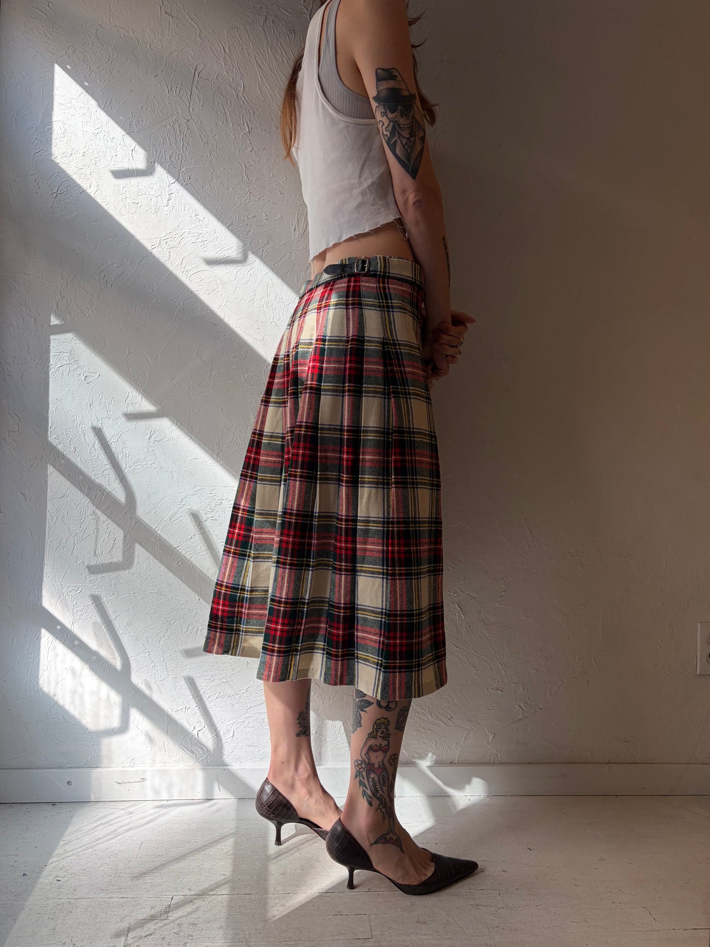 90s Wool Plaid Pleated Skirt / Medium