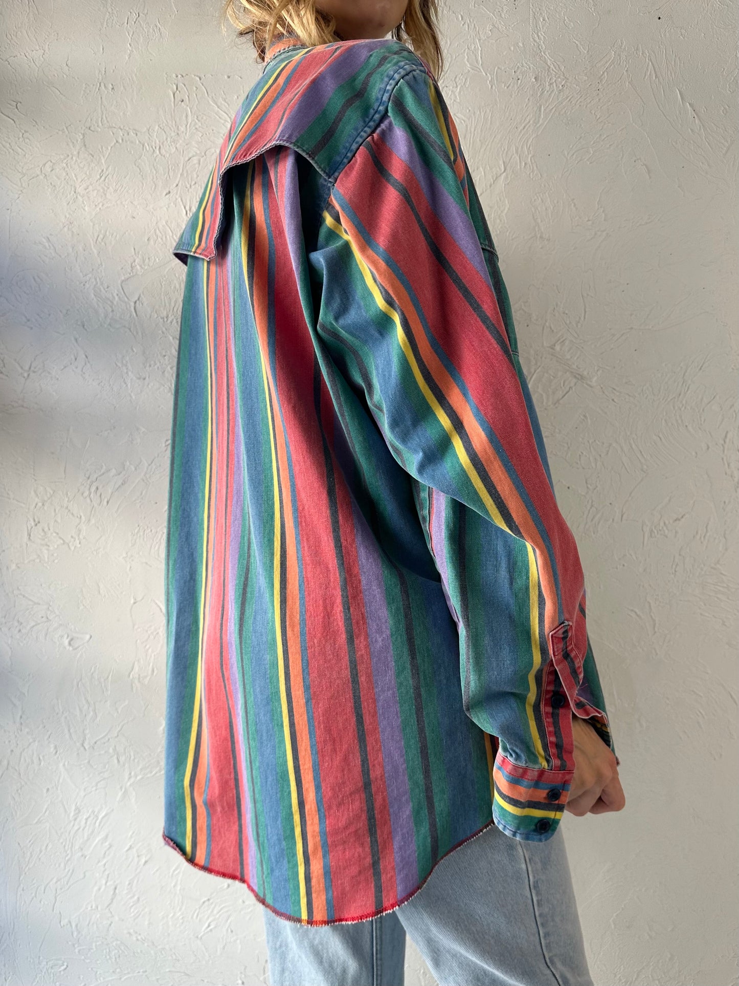 90s 'Wrangler' Rainbow Striped thick Cotton Western Shirt / Large