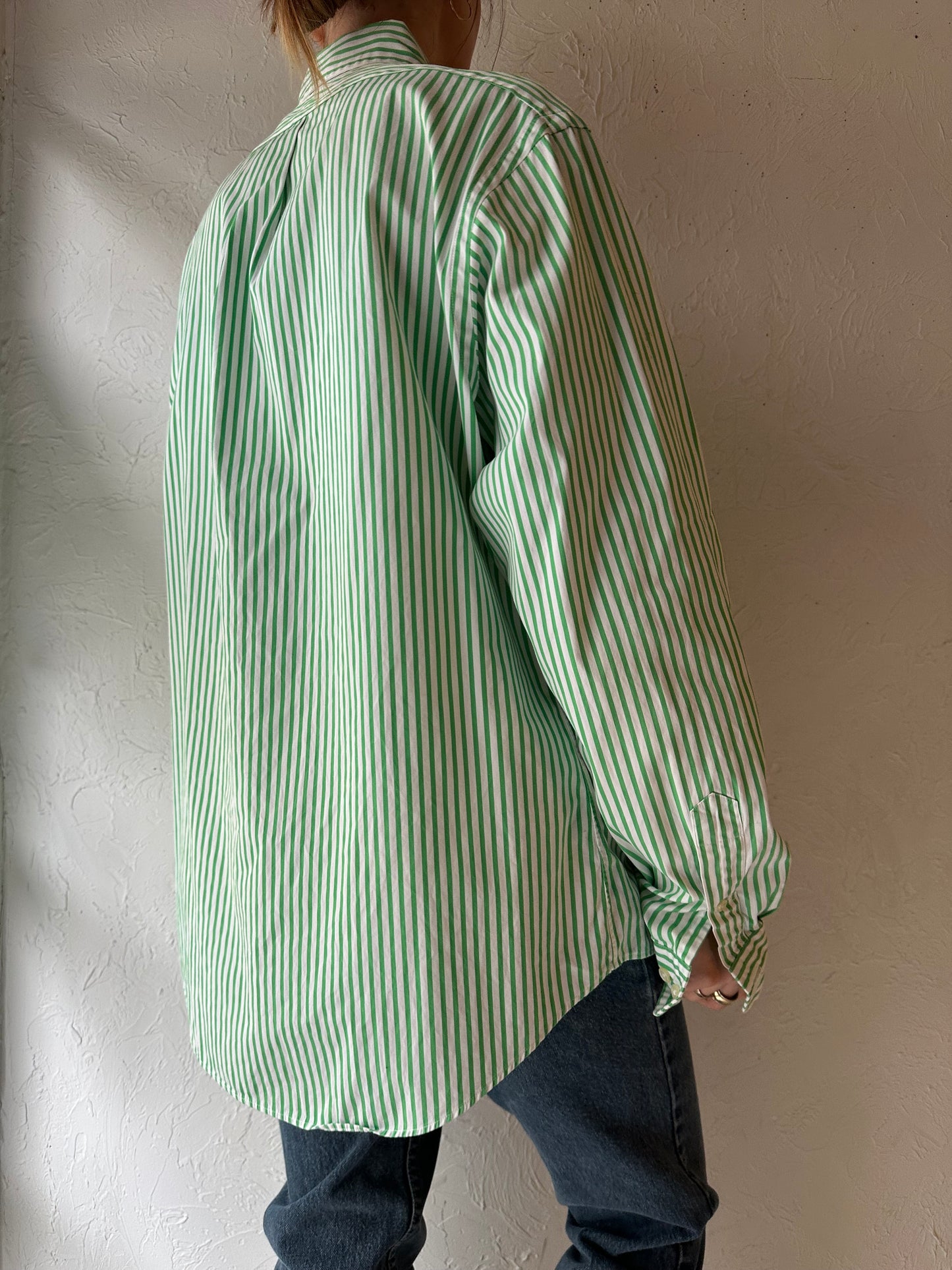 Y2k 'Ralph Lauren' Green Striped Button Up Shirt / Large