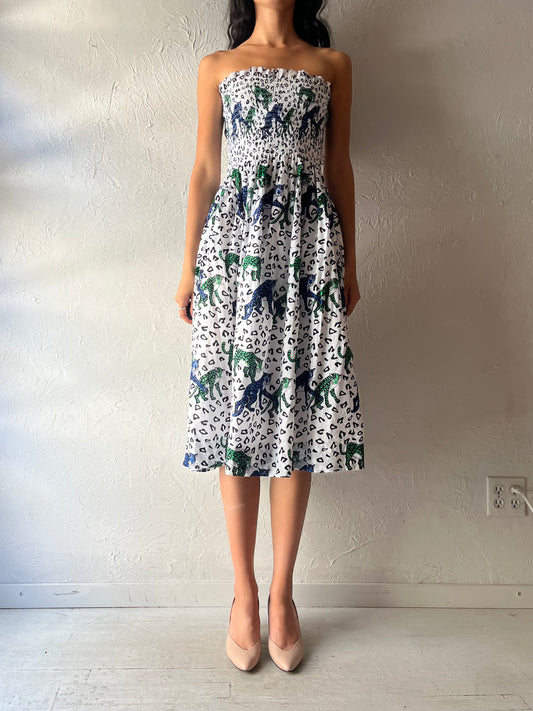 70s ' Star of Siam' Smocked Strapless Animal Print Midi Dress / Small - Medium