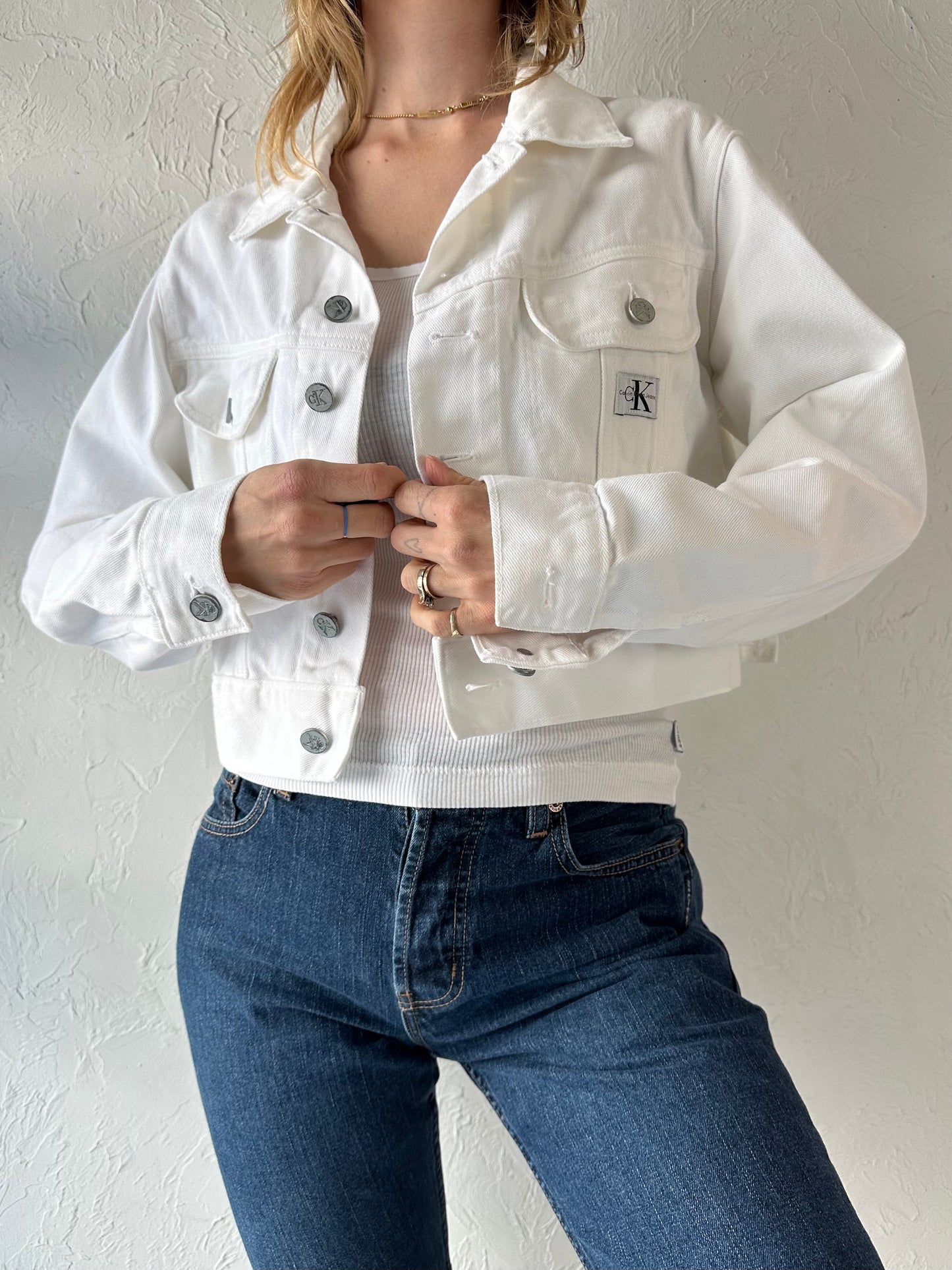 90s 'Calvin Klein' White Cropped Denim Jacket / Small