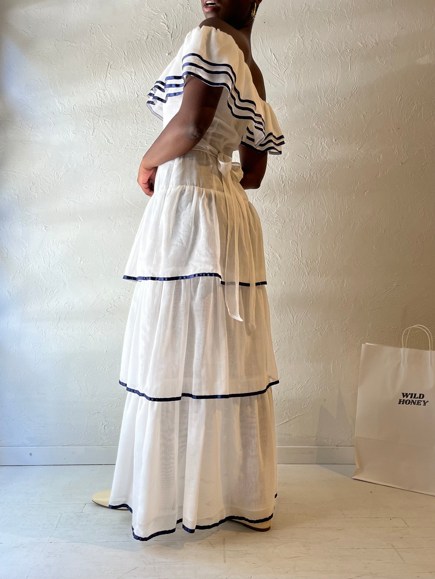 70s 'Roberta' White Tiered Maxi Dress / Medium