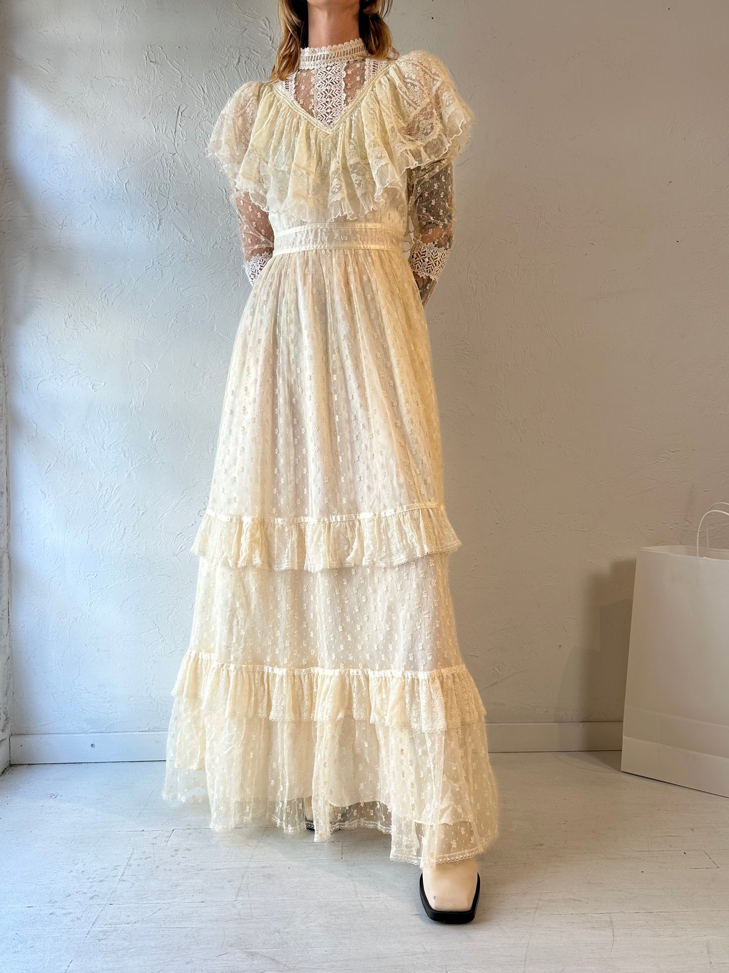 70s 'Gunne Sax' Cream Lace Long Sleeve Tiered Dress / Small - Medium