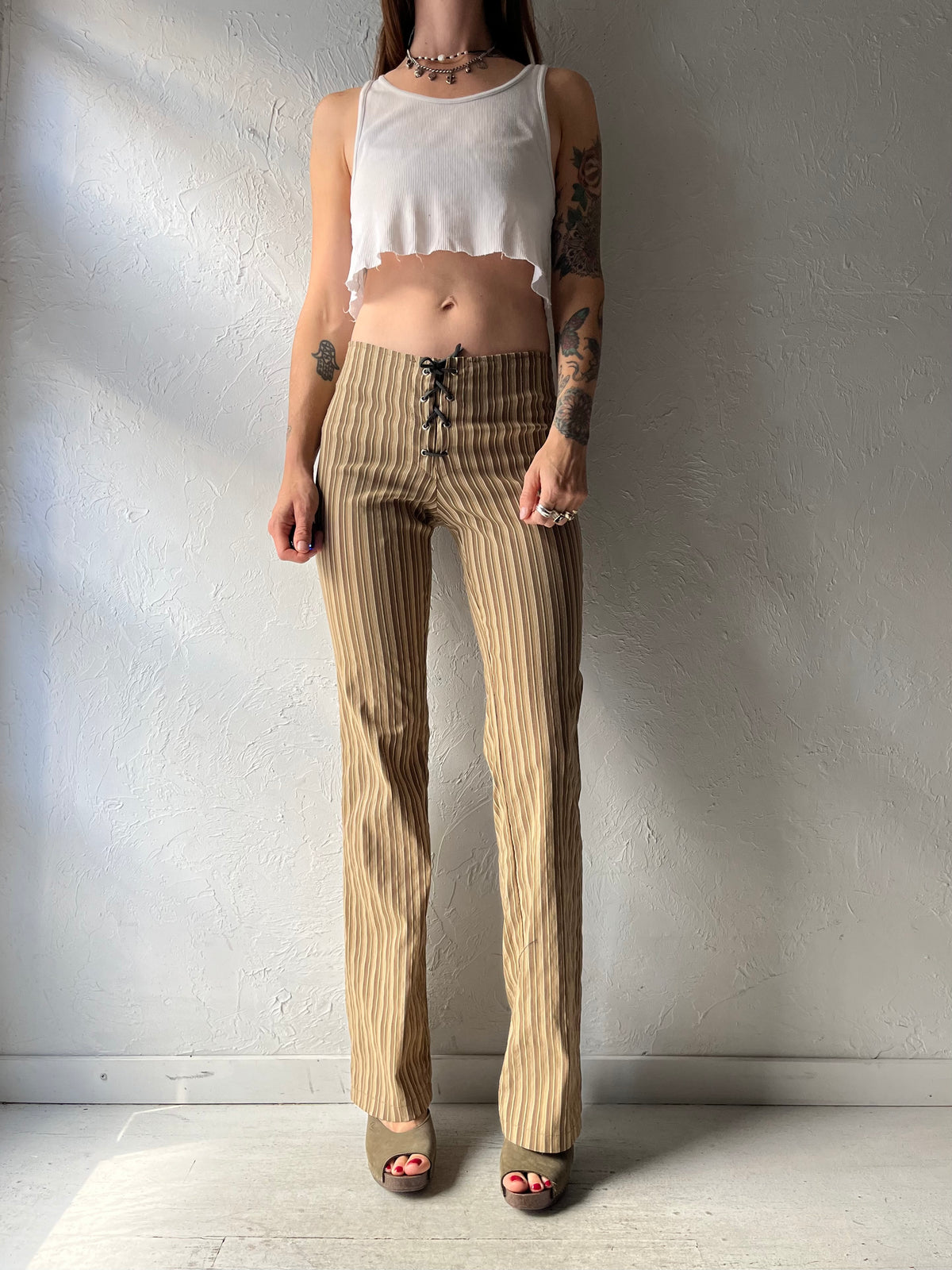 80s 'Pelican Cove' Brown Striped Low Rise Lace Up Grunge Boho Hippie Flare Plants / Medium