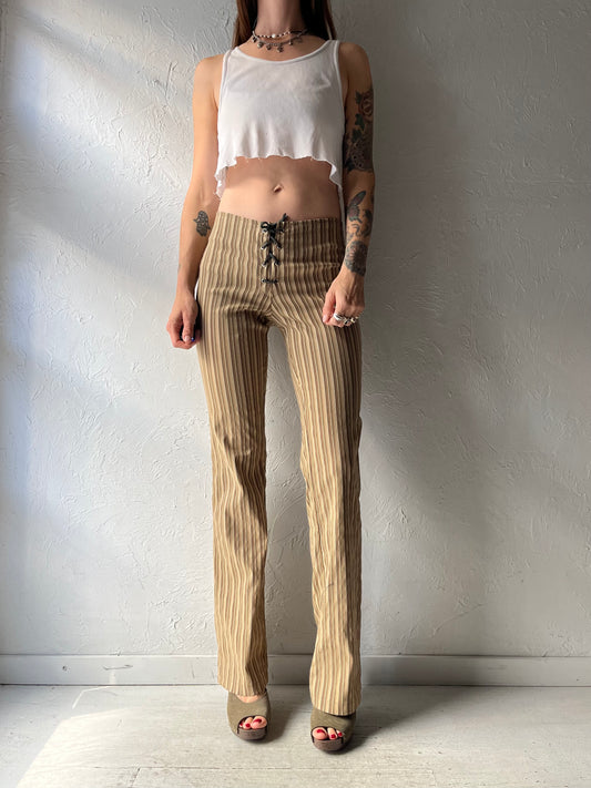80s 'Pelican Cove' Brown Striped Low Rise Lace Up Grunge Boho Hippie Flare Plants / Medium