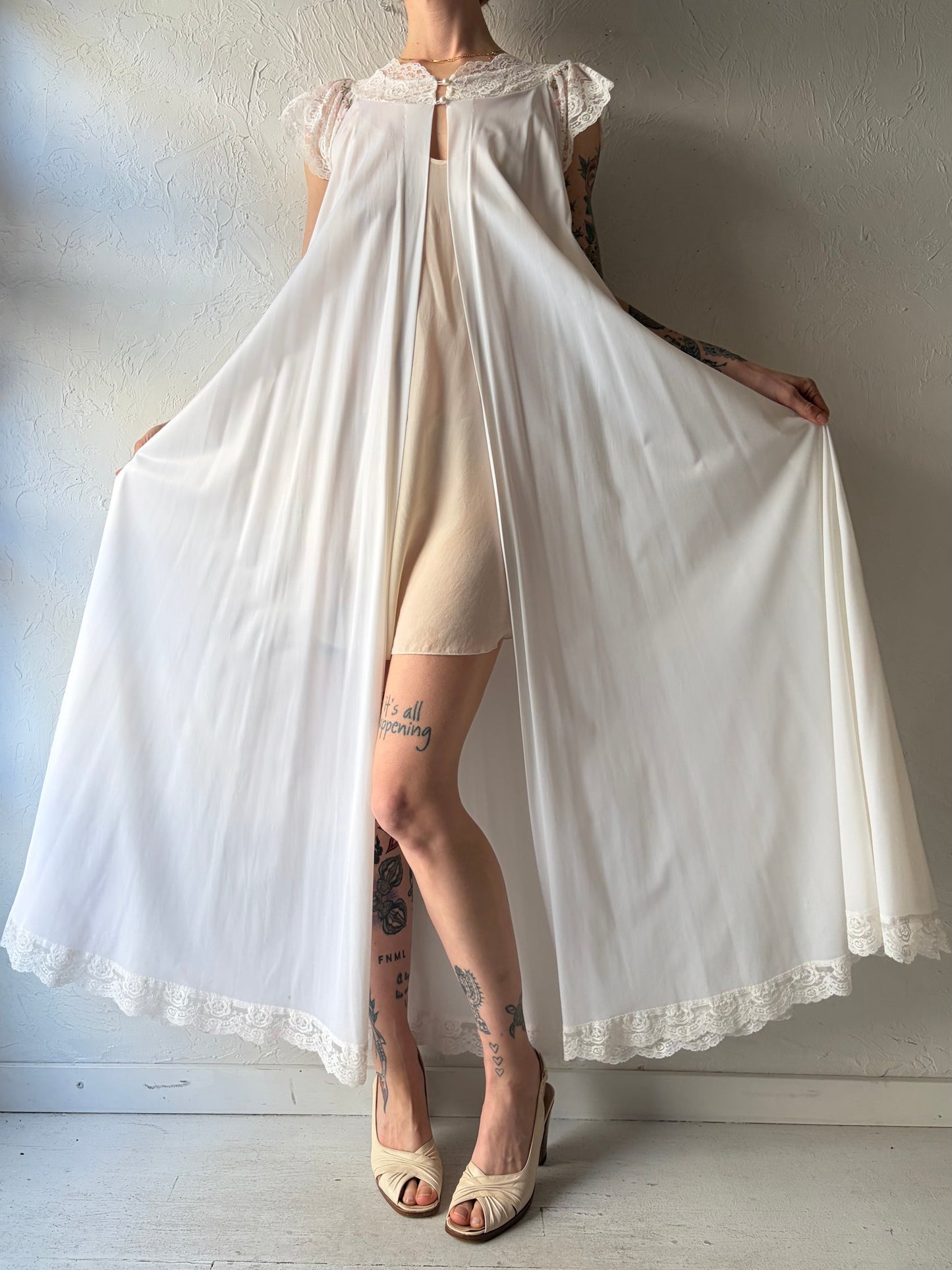 60s White Nylon Peignoir Robe / Small