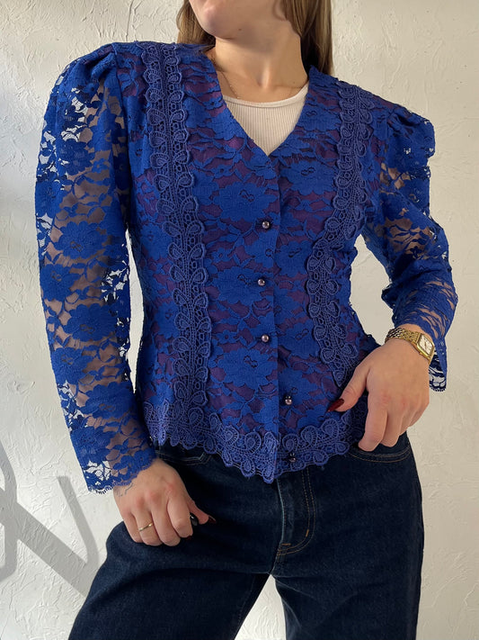 80s ‘Lori Ann’ Blue Lace Jacket / Small