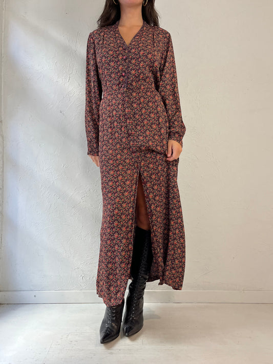 90s 'April Cornell' Brown Floral Print Button Up Dress / Medium