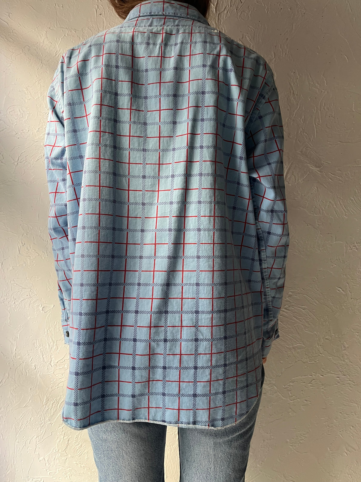 60s Vintage Blue Red Plaid Oxford Button Down Shirt Preppy Ivy League Sportswear / Medium