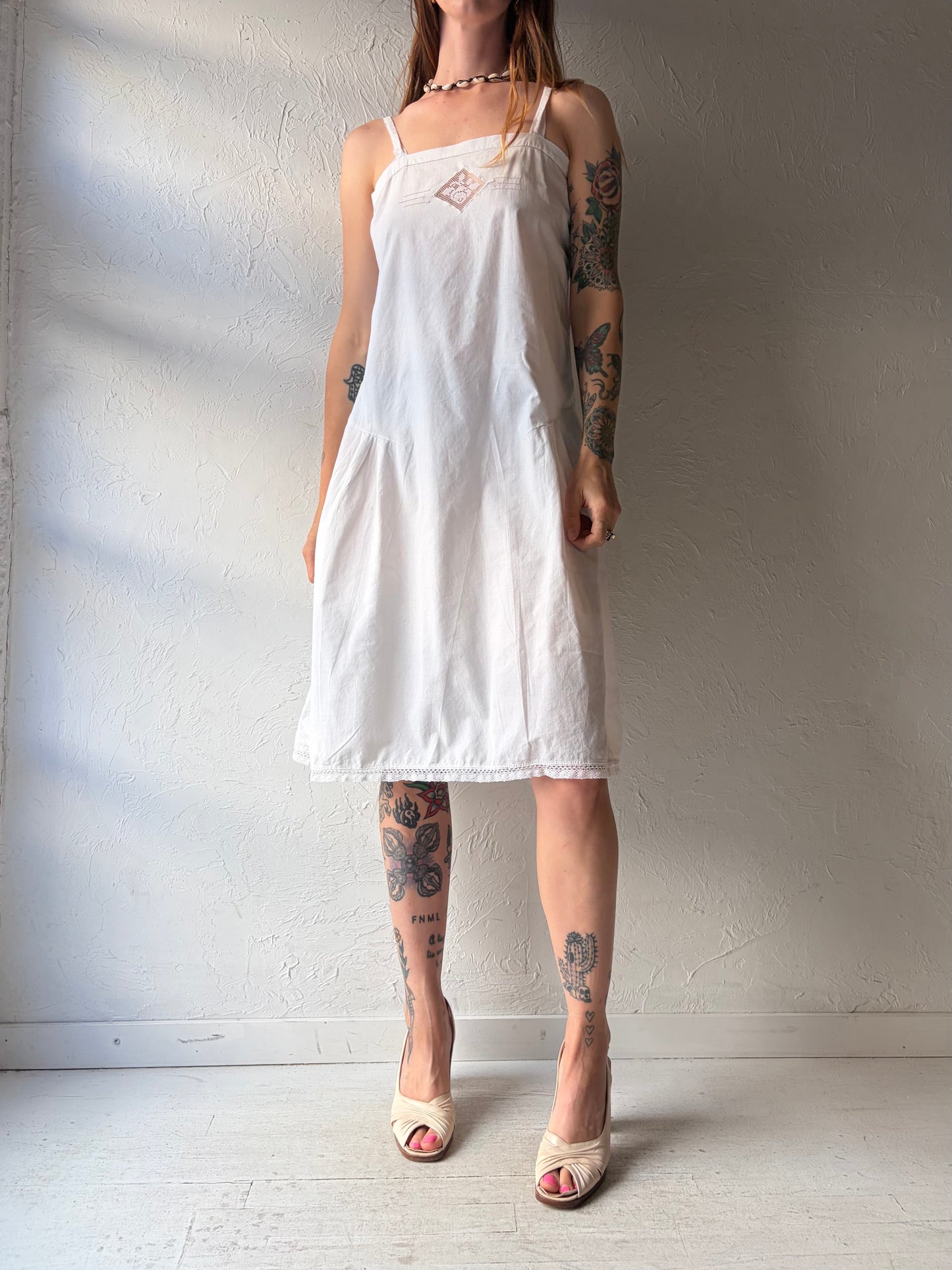 60s Handmade White Cotton Midi Dress / Medium
