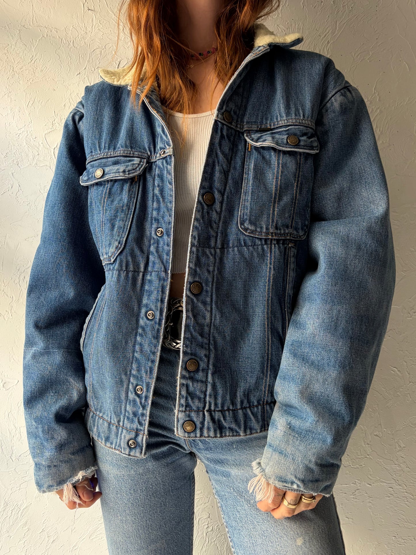 70s 'Key Imperial' Faux Shearling Lined Denim Work Wear Jacket / Medium