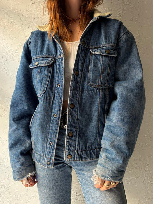 70s 'Key Imperial' Faux Shearling Lined Denim Work Wear Jacket / Medium