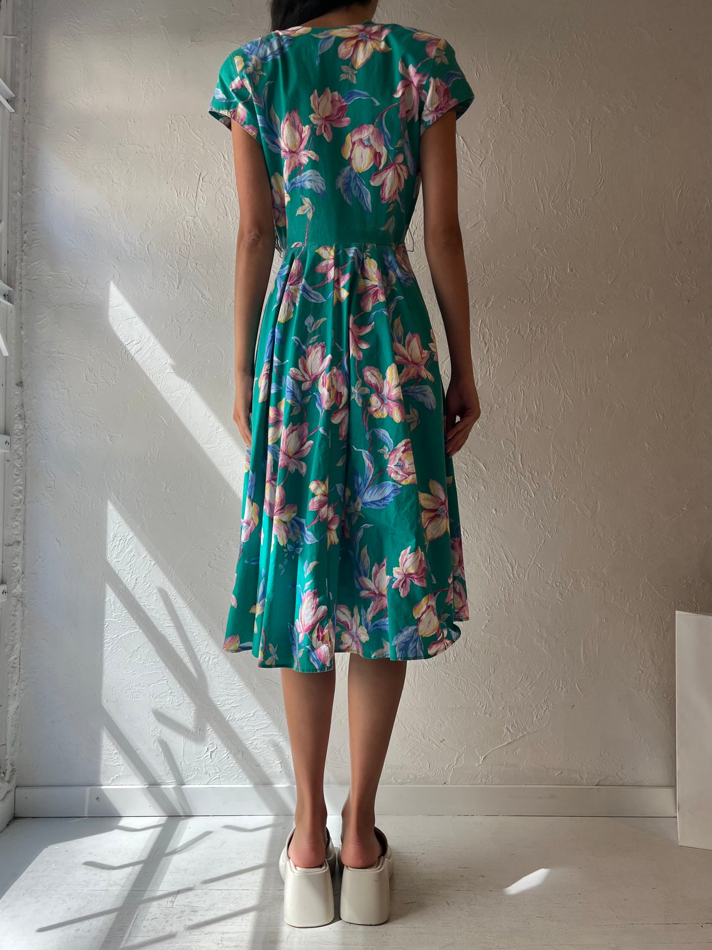 90s 'Carol Anderson' Blue Floral Cotton Midi Dress / Small