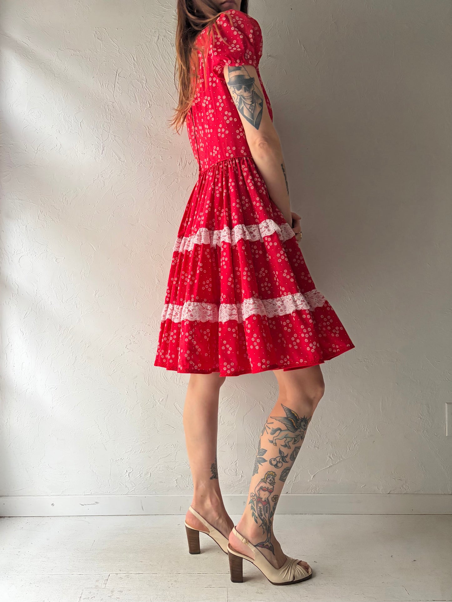 Vintage Handmade Red Floral Western Teared Mini Dress / Vintage Cottage Core Prairie Summer Dress / Small