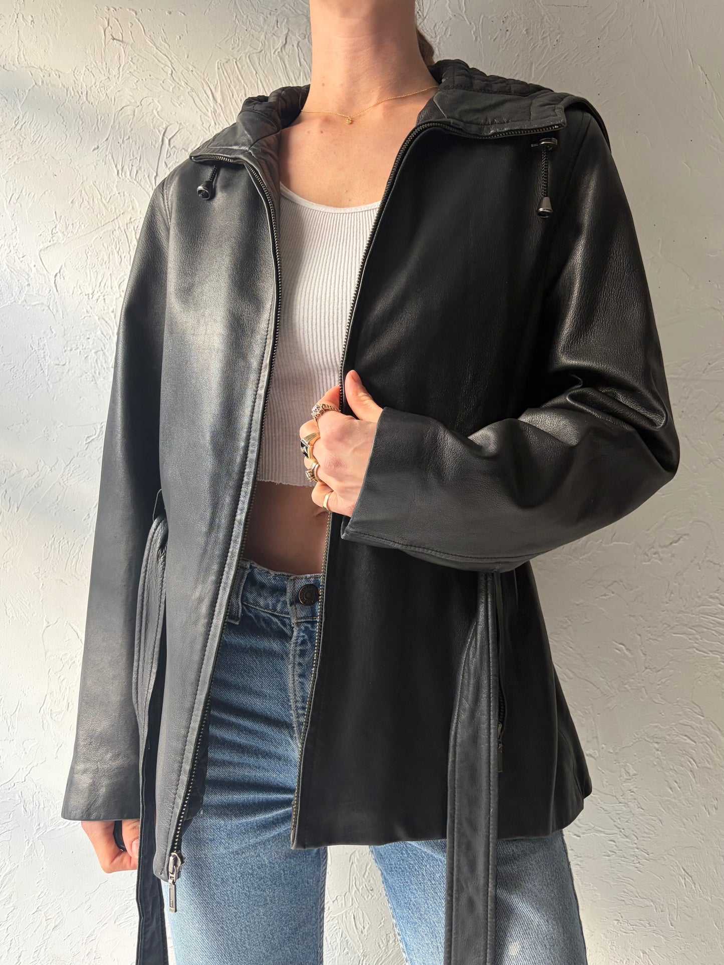 Y2k 'Maurices' Black Leather Hooded Minimalist Jacket / Vintage 2000s Zip Up Grunge Streetwear Outerwear / Medium