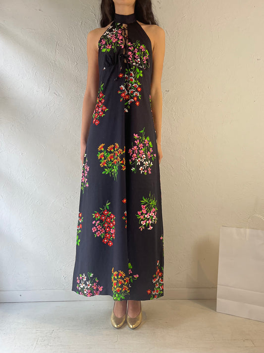 70s ‘Beau Time’ Black Floral Halter Maxi Dress / Small