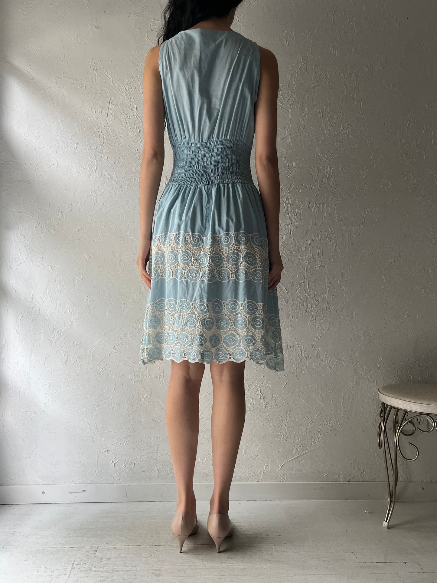 90s 'Hibis' Blue Hippie Midi Dress / Medium - Large