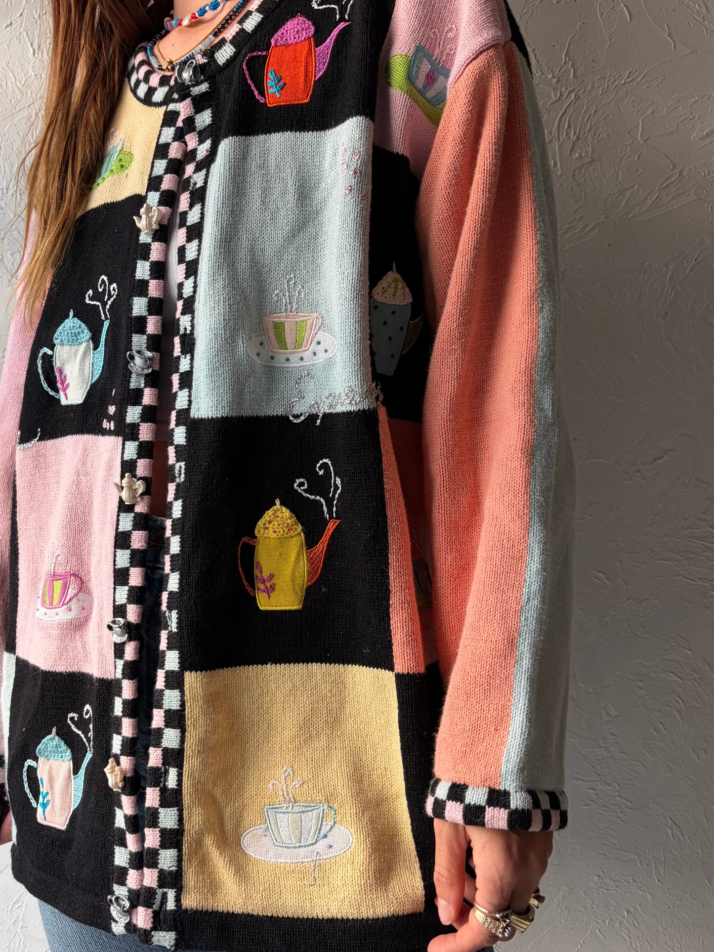 90s 'Story Board Knits' Teapot Cardigan Novelty Knit Sweater Cozy Grandma Cottagecore Retro Button Up / XXL