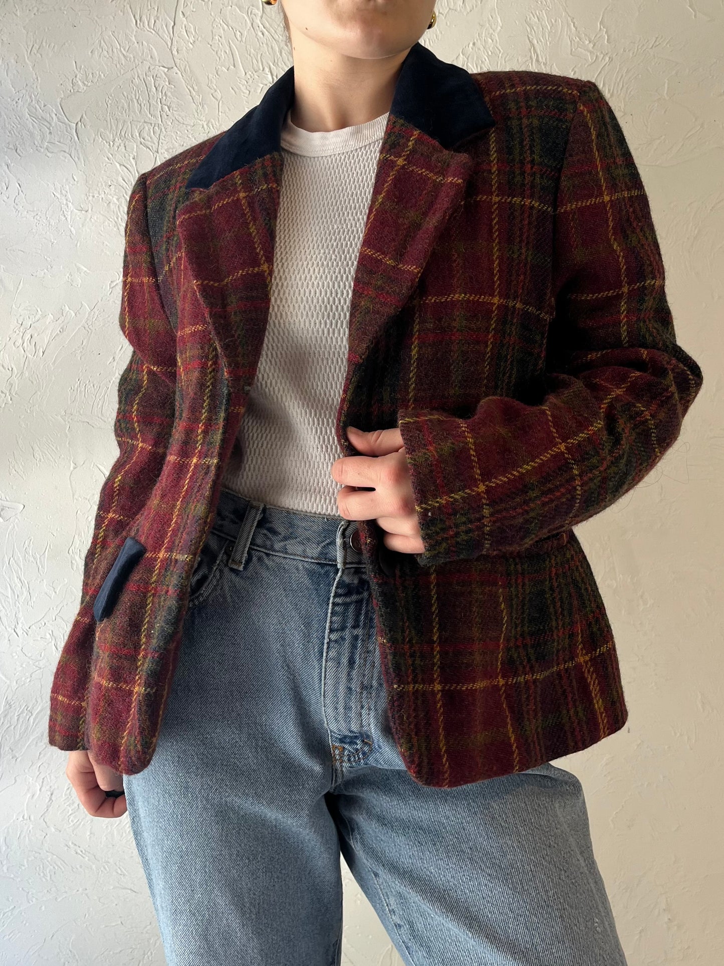 90s 'Jones New York' Knit Wool Plaid Blazer Jacket / Medium