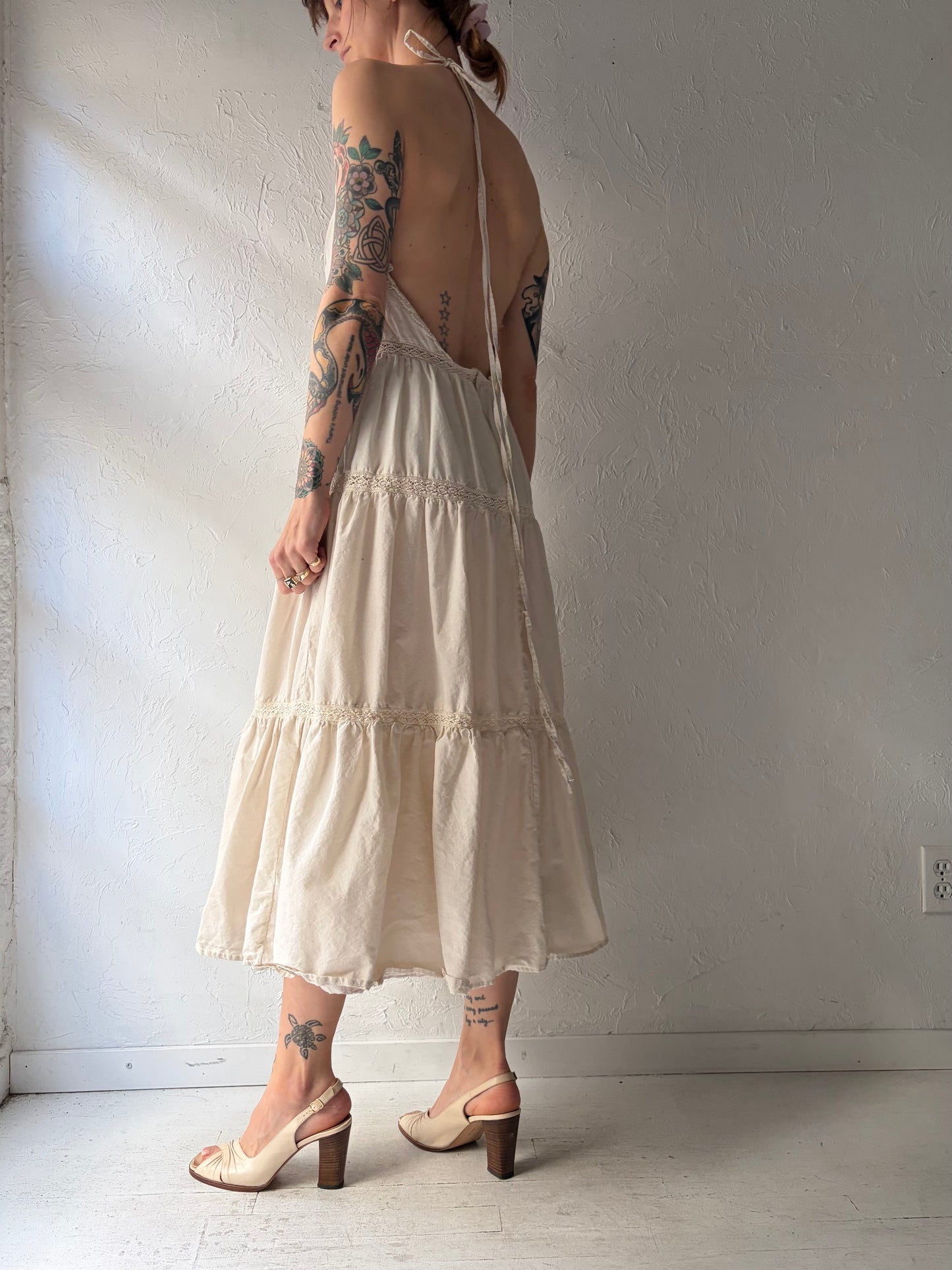 Vintage Cream Cotton Crochet Boho Hippy Dress / Medium