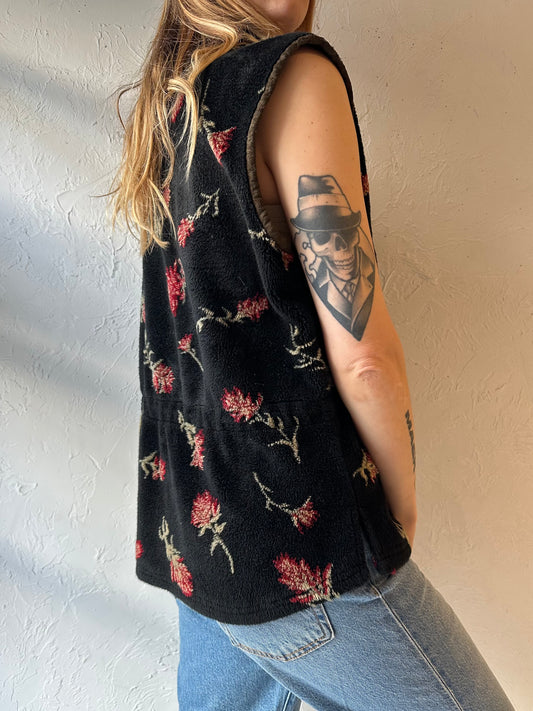 90s ‘Tsunami’ Black Floral Fleece Vest / Medium