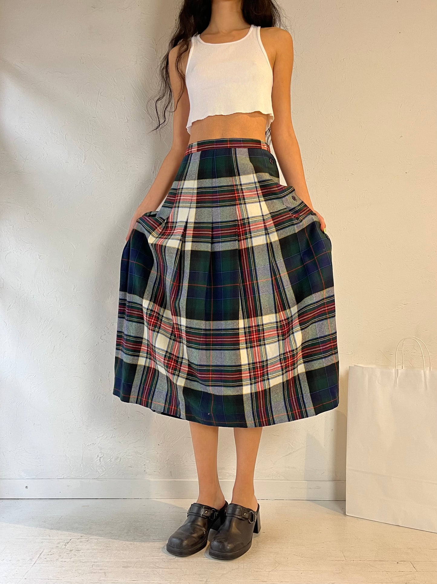 80s ‘Tica’ Plaid Wool Pleated Midi Skirt / Small