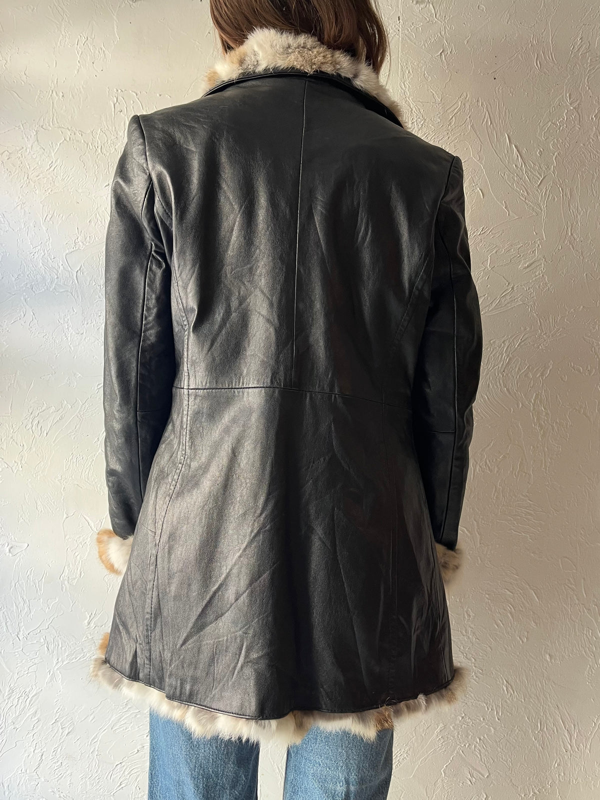 90s 'Kasper' Black Leather Fur Lined Boho Streetwear Winter Jacket / Small