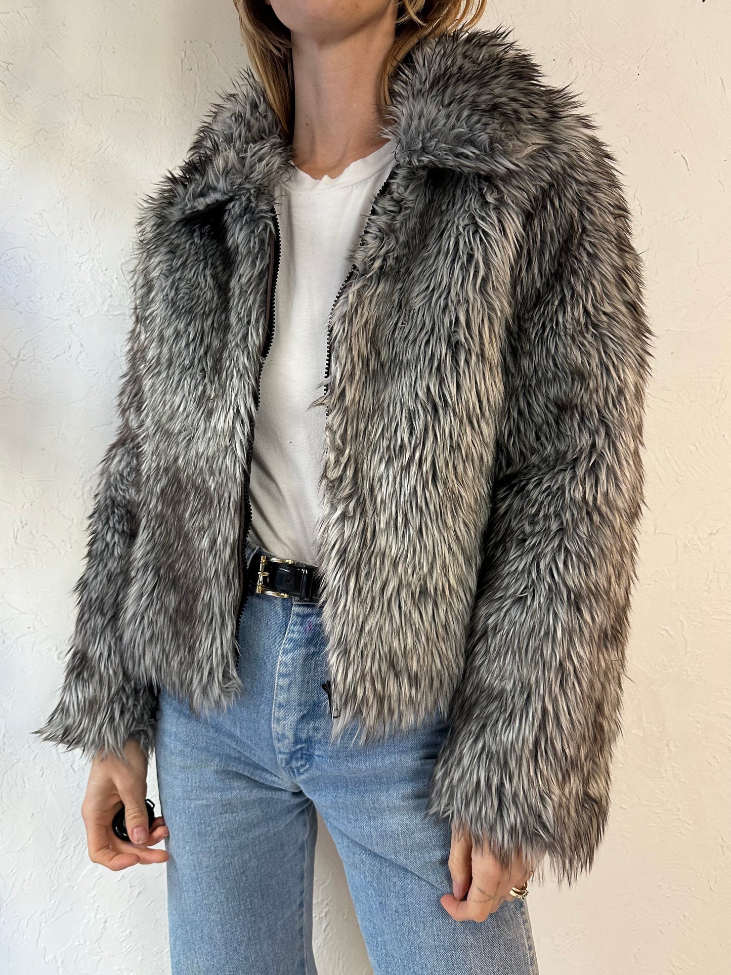 90s 'Le Chateau' Gray Faux Fur Jacket / Small