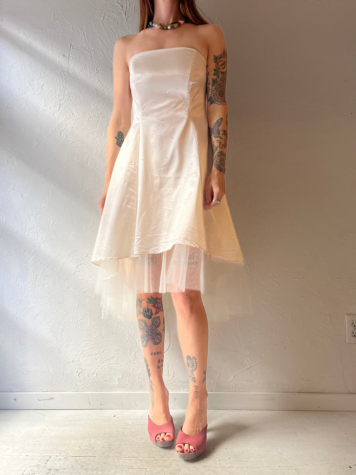 90s ‘Bain de Nuit Paris’ Ivory Satin Strapless Romantic Formal Mini Party Formal Wedding Dress / Small
