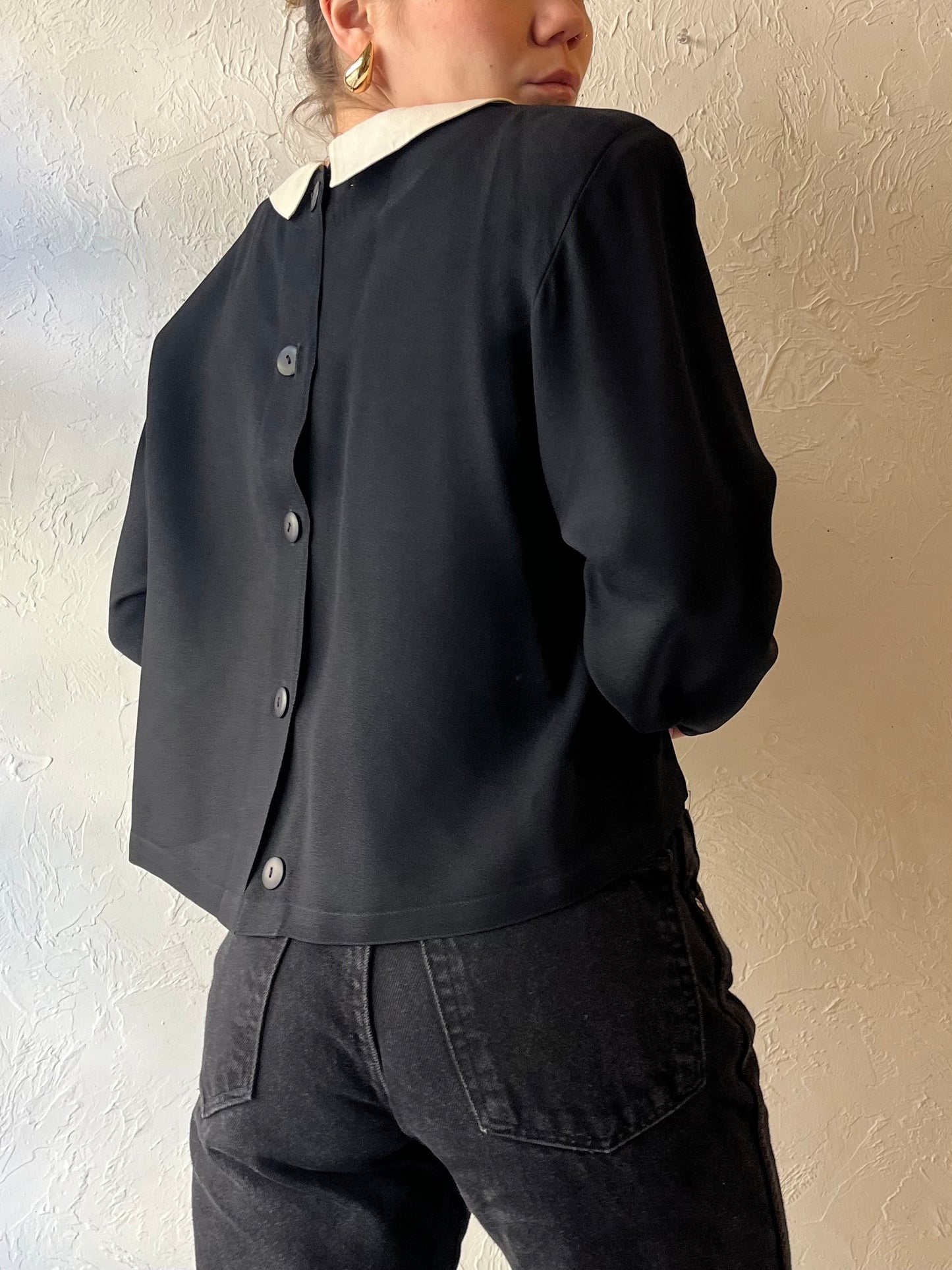 90s ‘Albert Nipon’ Black Collared Long Sleeve Blouse / Small