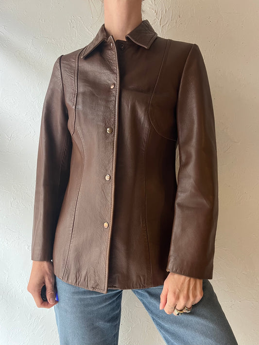 90s 'Induyco' Brown Snap Up Minimalist Leather Jacket / Small