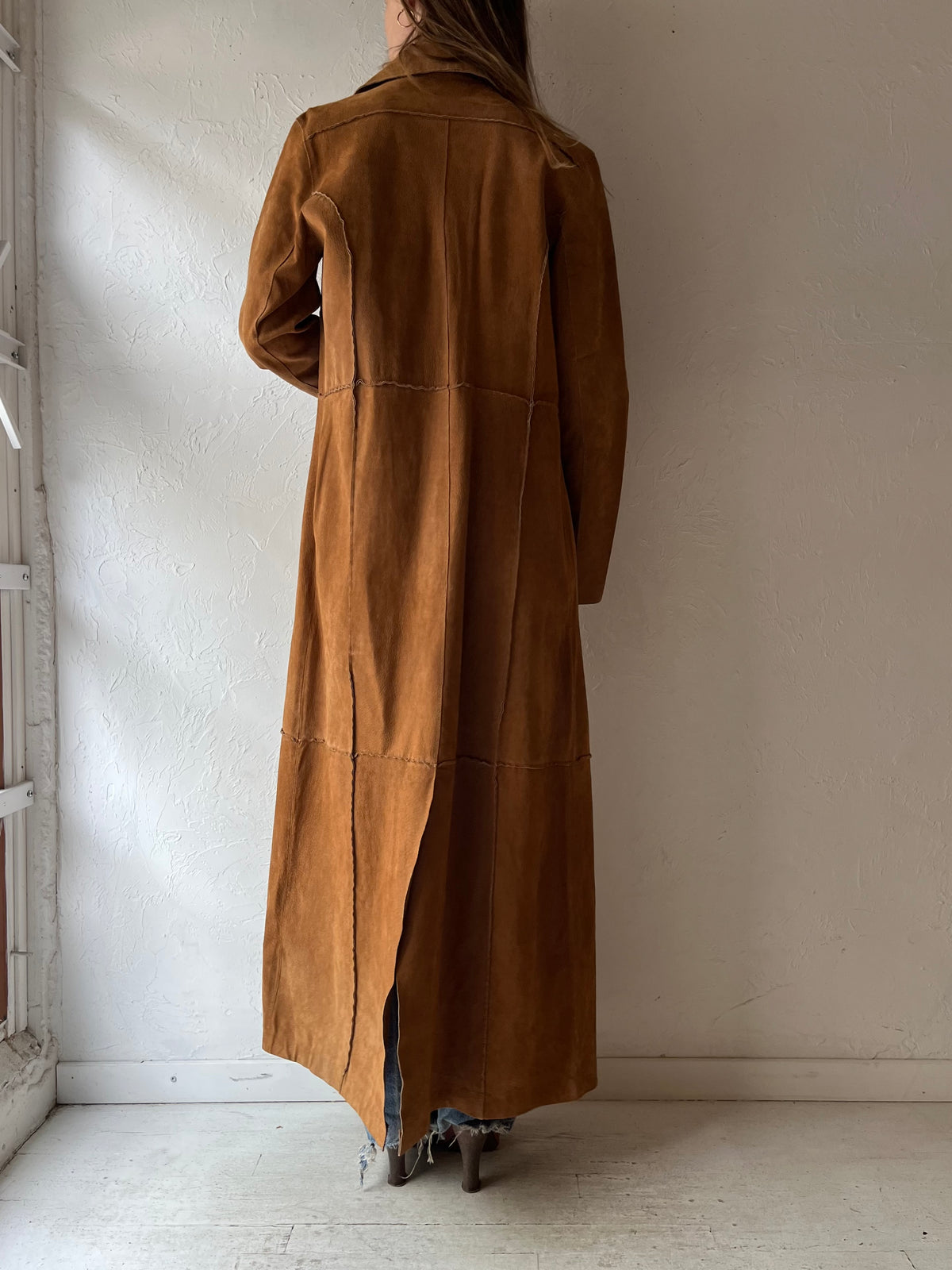 90s 'Le Château' Tan Suede Leather Maxi Trench Coat / Longline Minimalist Duster Jacket / Medium