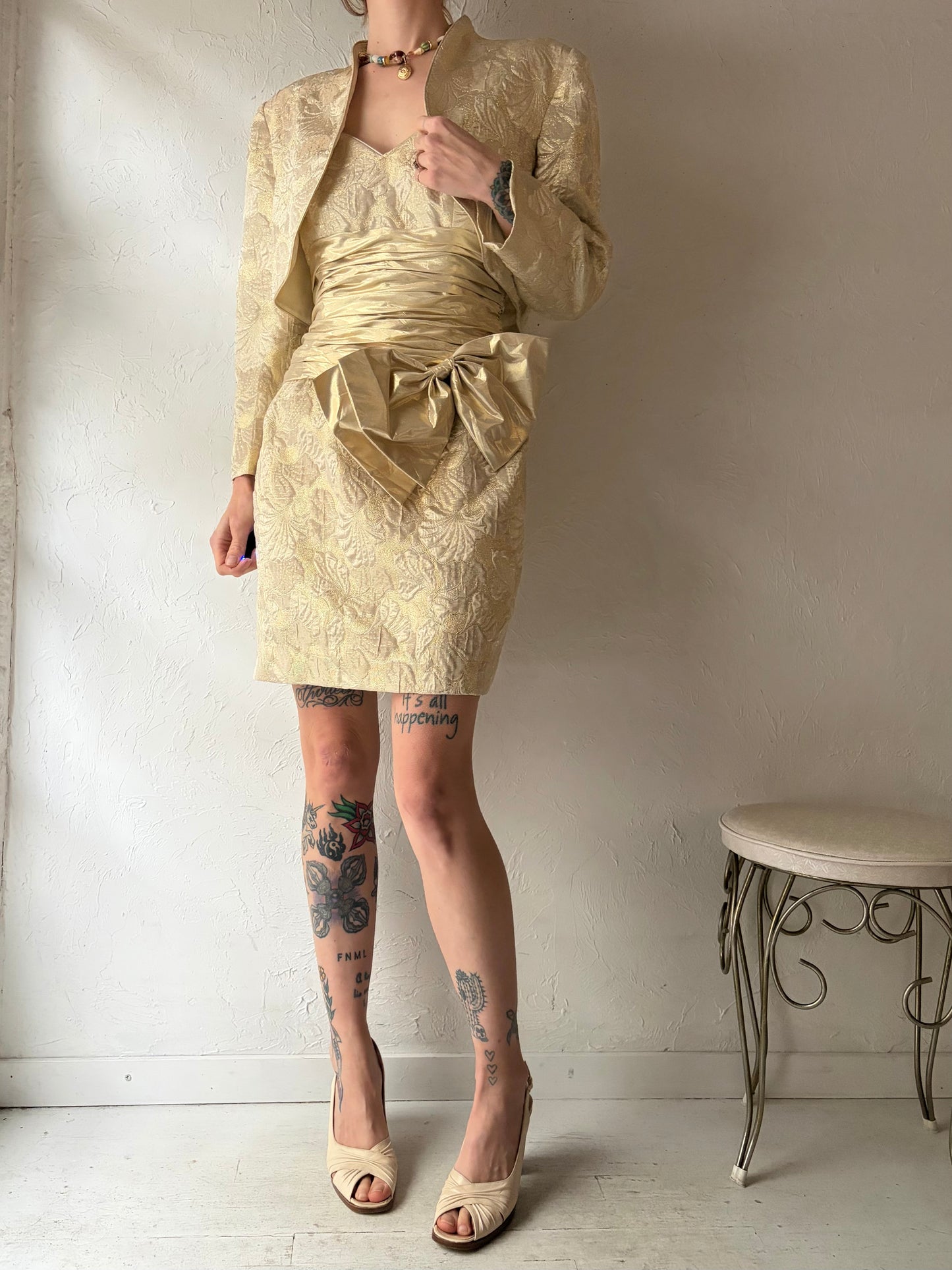 80s 'AJ Bari' Gold Dress Jacket Set / Small