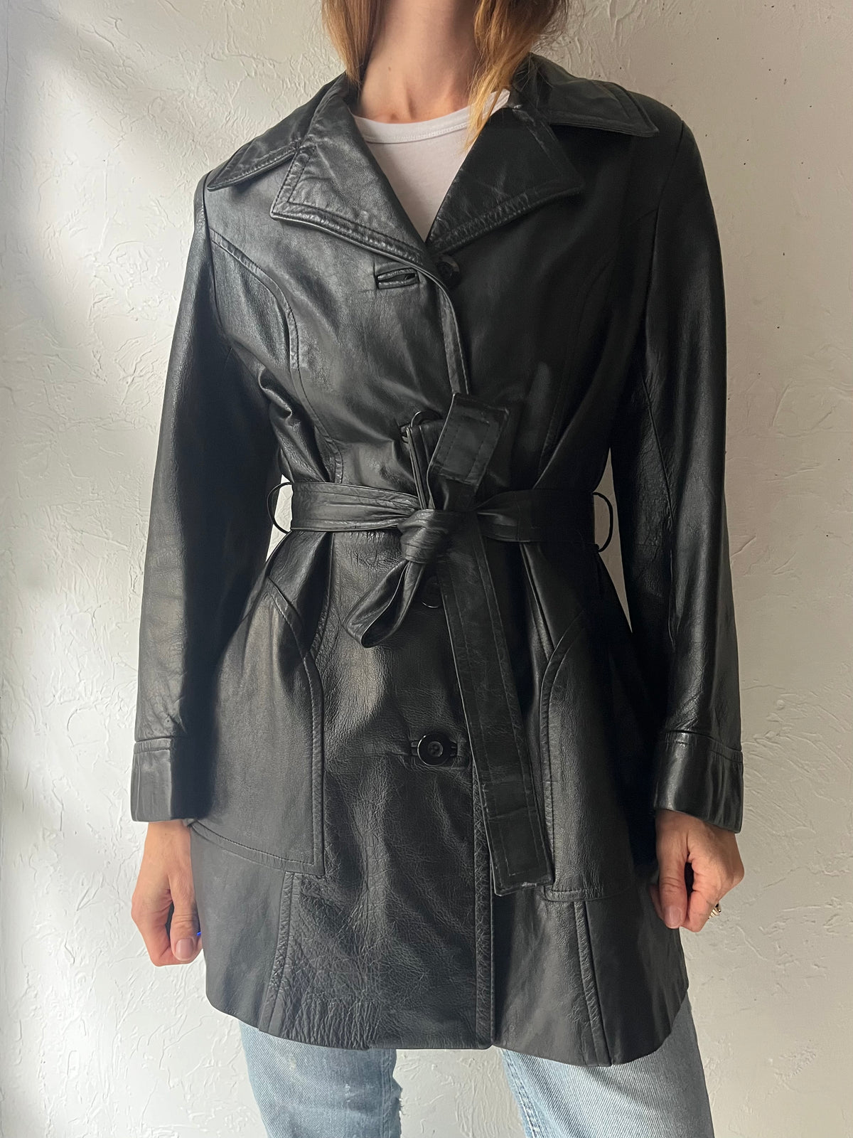 90s 'Dan Di Modes' Black Leather Half Trench Coat / Medium