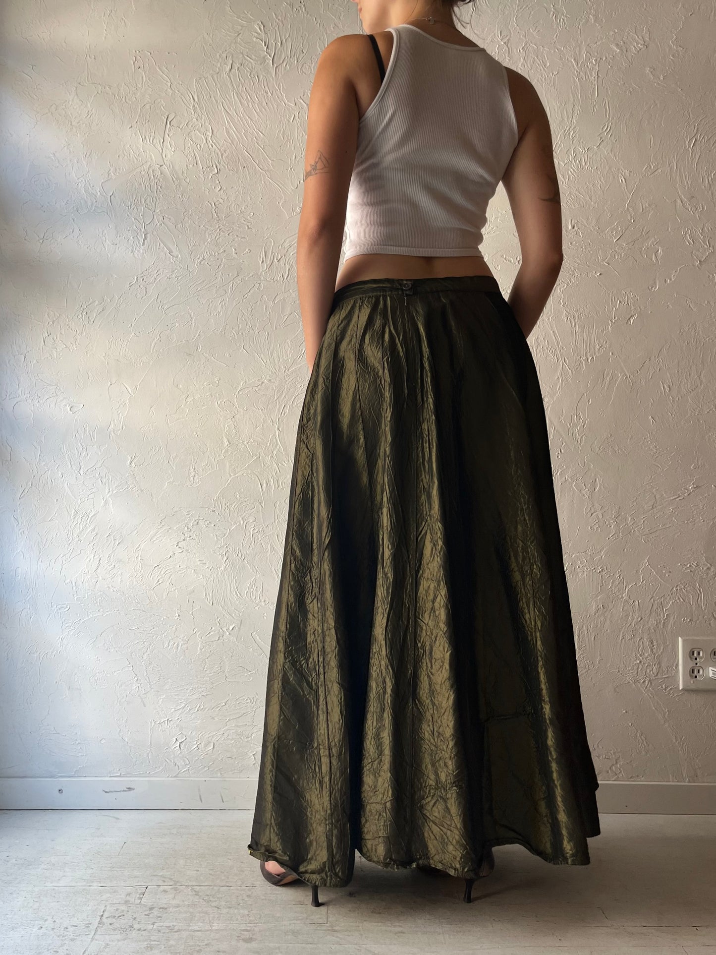 90s 'Bianca Nygard' Metallic Green Dark Academia Gothcore Formal Maxi Skirt / Medium