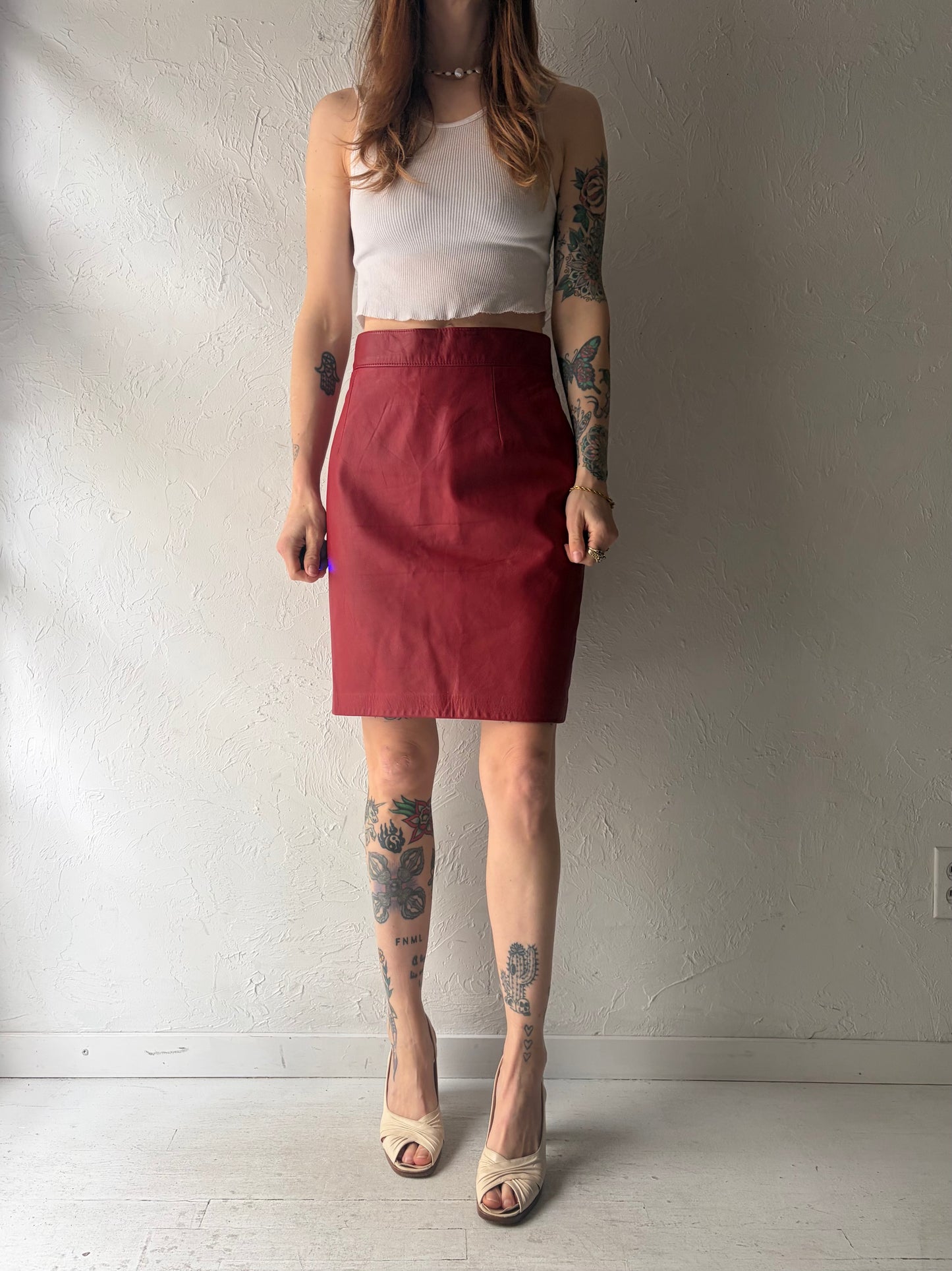 90s 'Danier' Red Leather Retro Pencil Mini Skirt / Medium