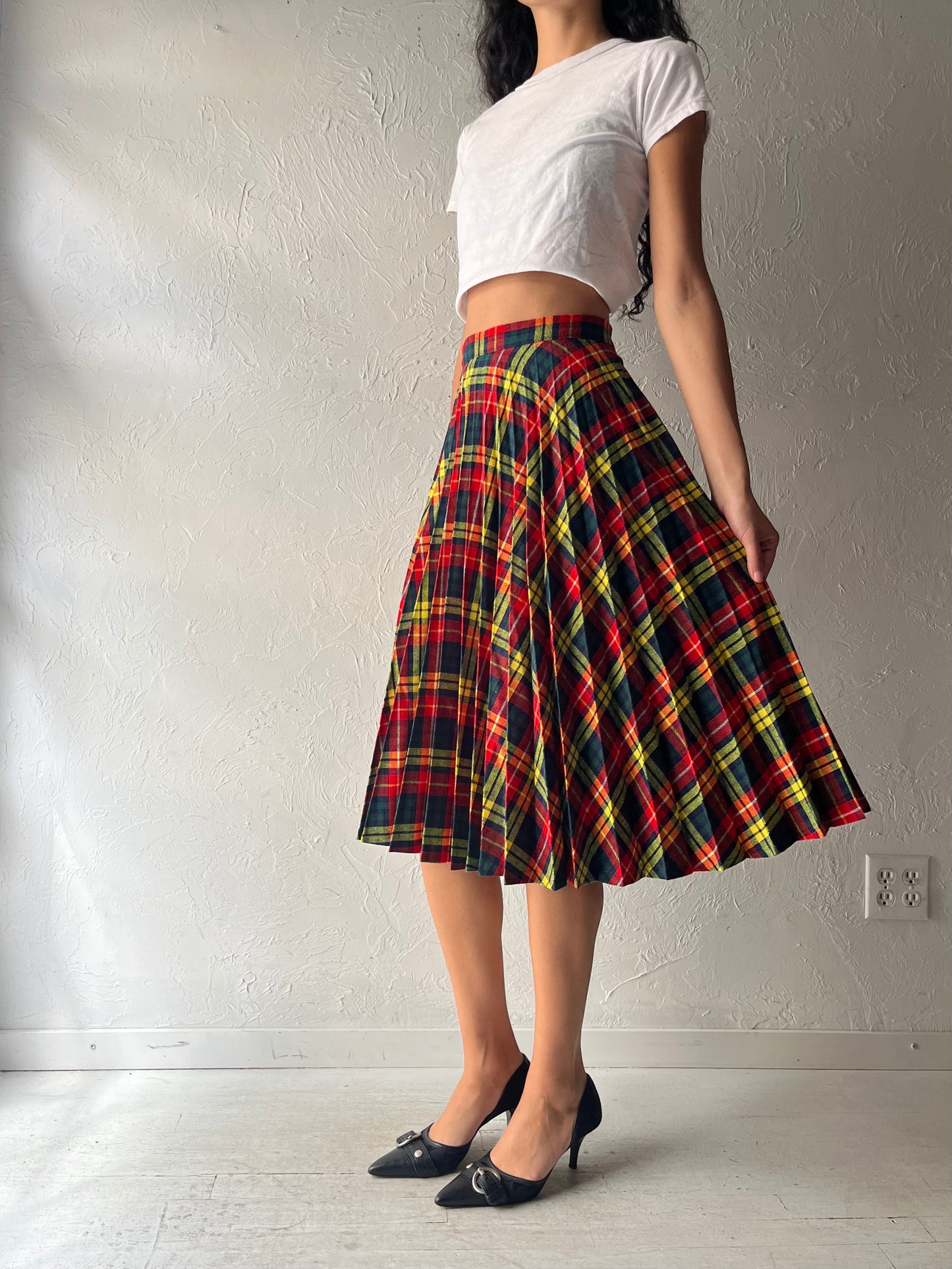 70s 'Barakett' Pleated Plaid Knit Midi Skirt / XS