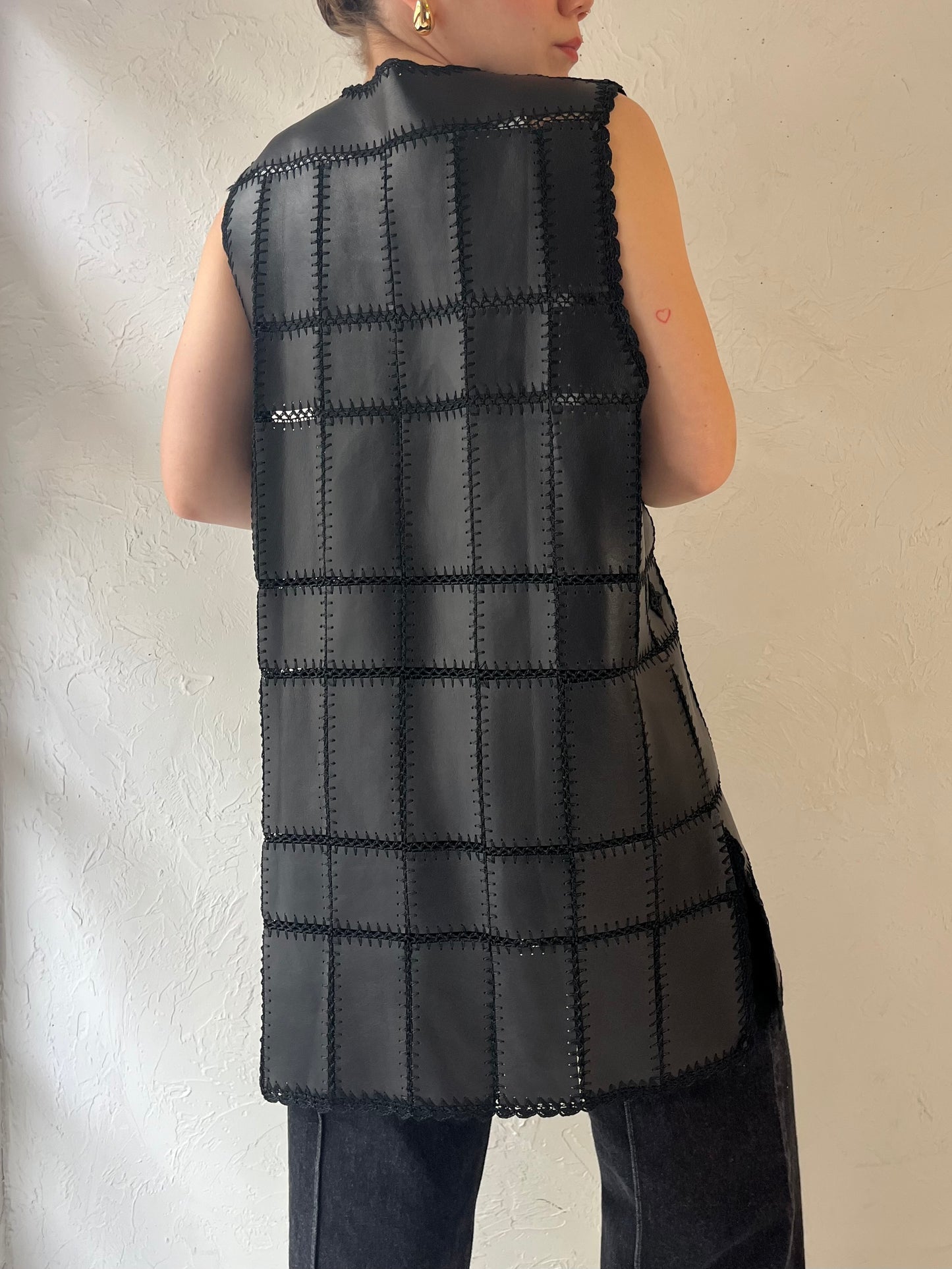 Vintage Black Crochet Faux Leather Vest / Medium