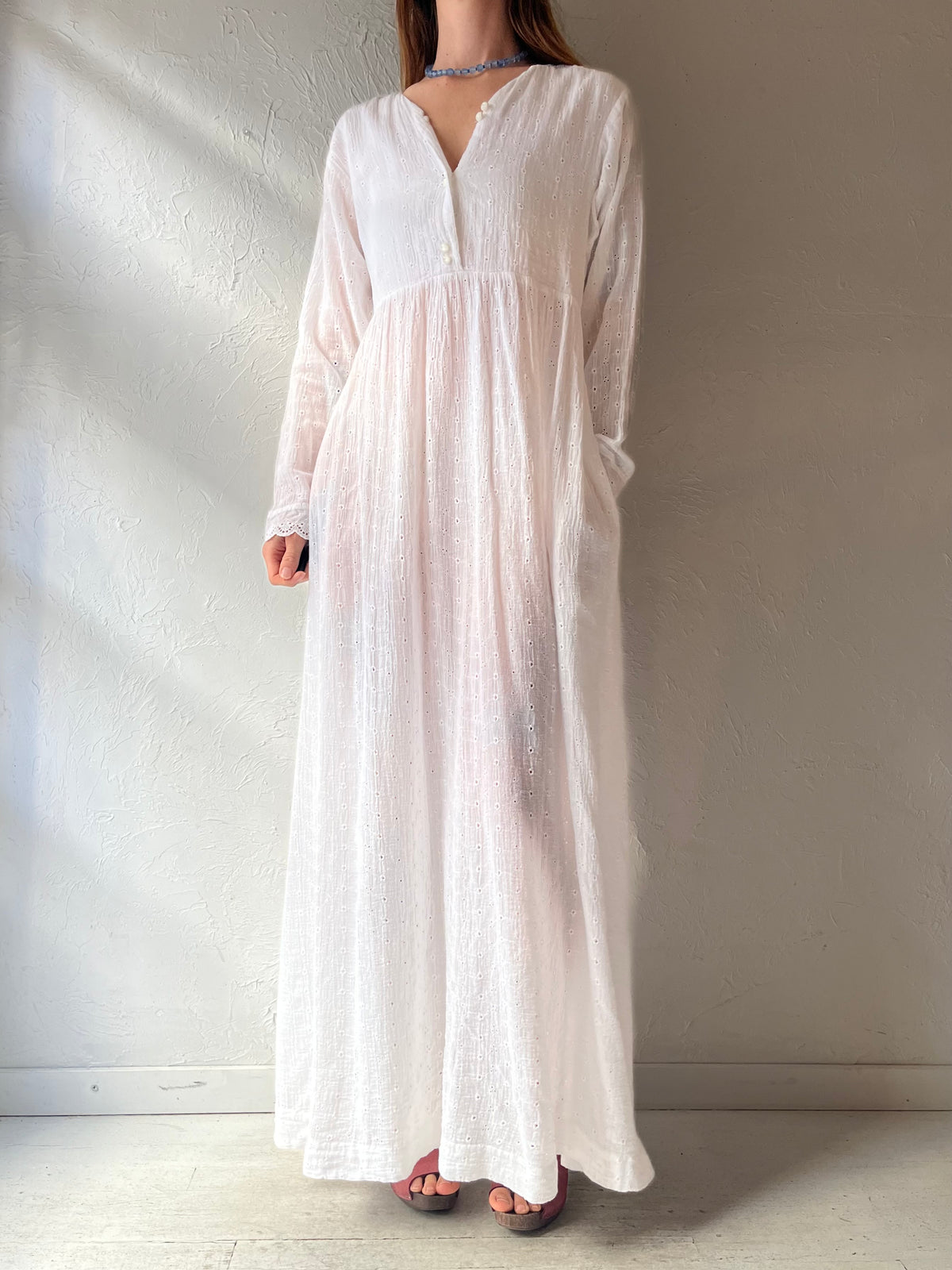 90s 'White Elegance' White Eyelet Romantic Boho Prairie Cottagecore Summer Maxi Dress /  Medium