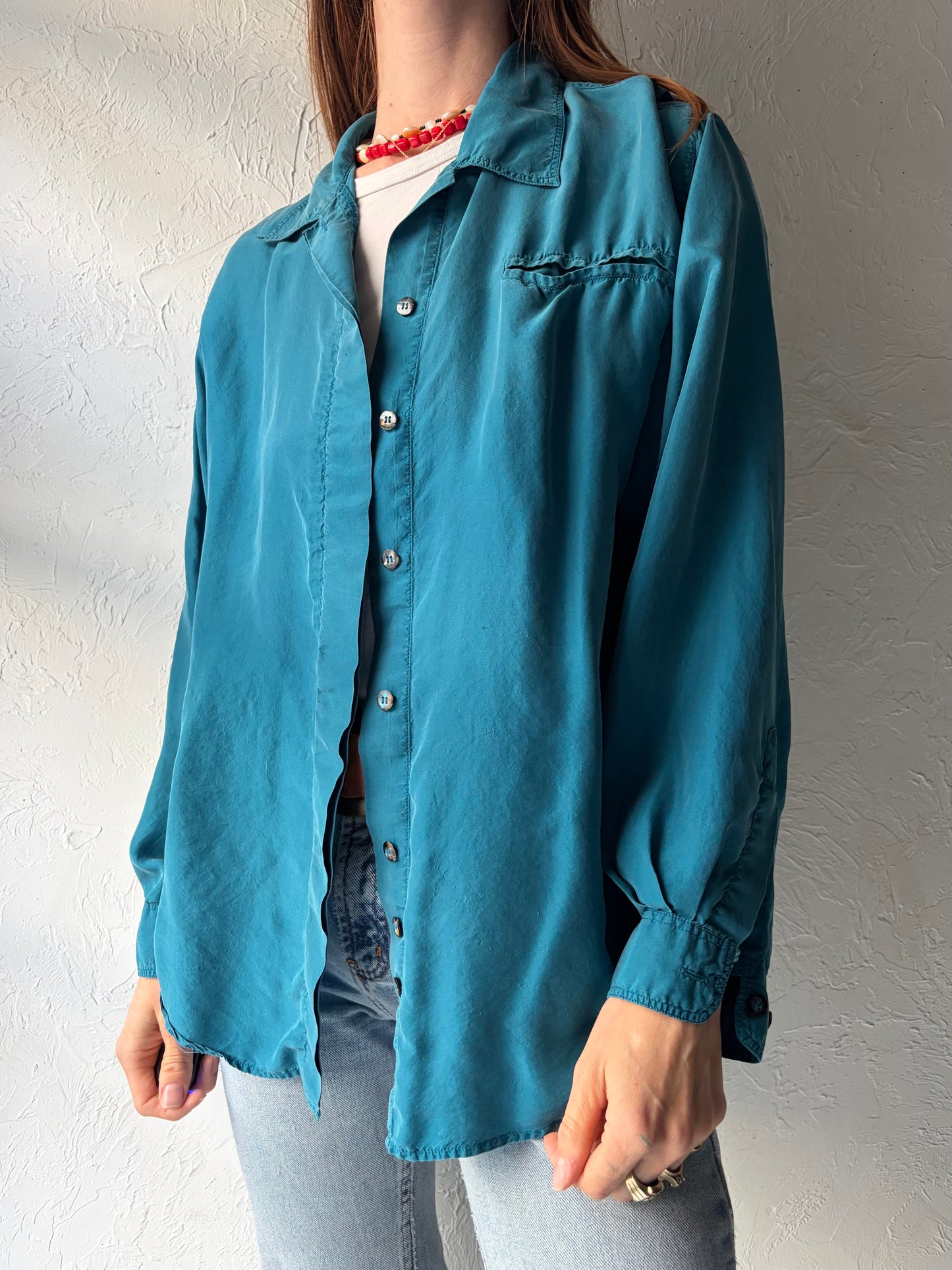90s 'Canary Island' Blue Minimalist Silk Button Up Shirt / Vintage 1990s Normcore Blouse / Medium