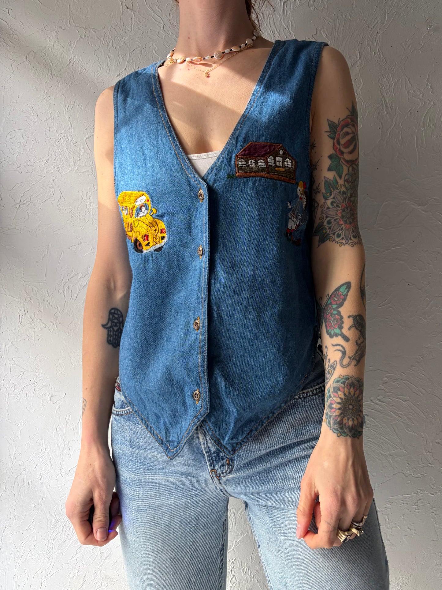 90s 'Way Togo' Denim Embroidered Teacher Vest / Small