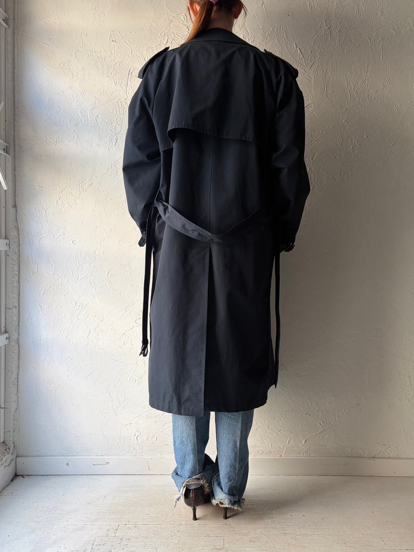 90s 'Moores' Navy Normcore Trench Coat / Vintage 1990s Classic Minimalist Outerwear / Large