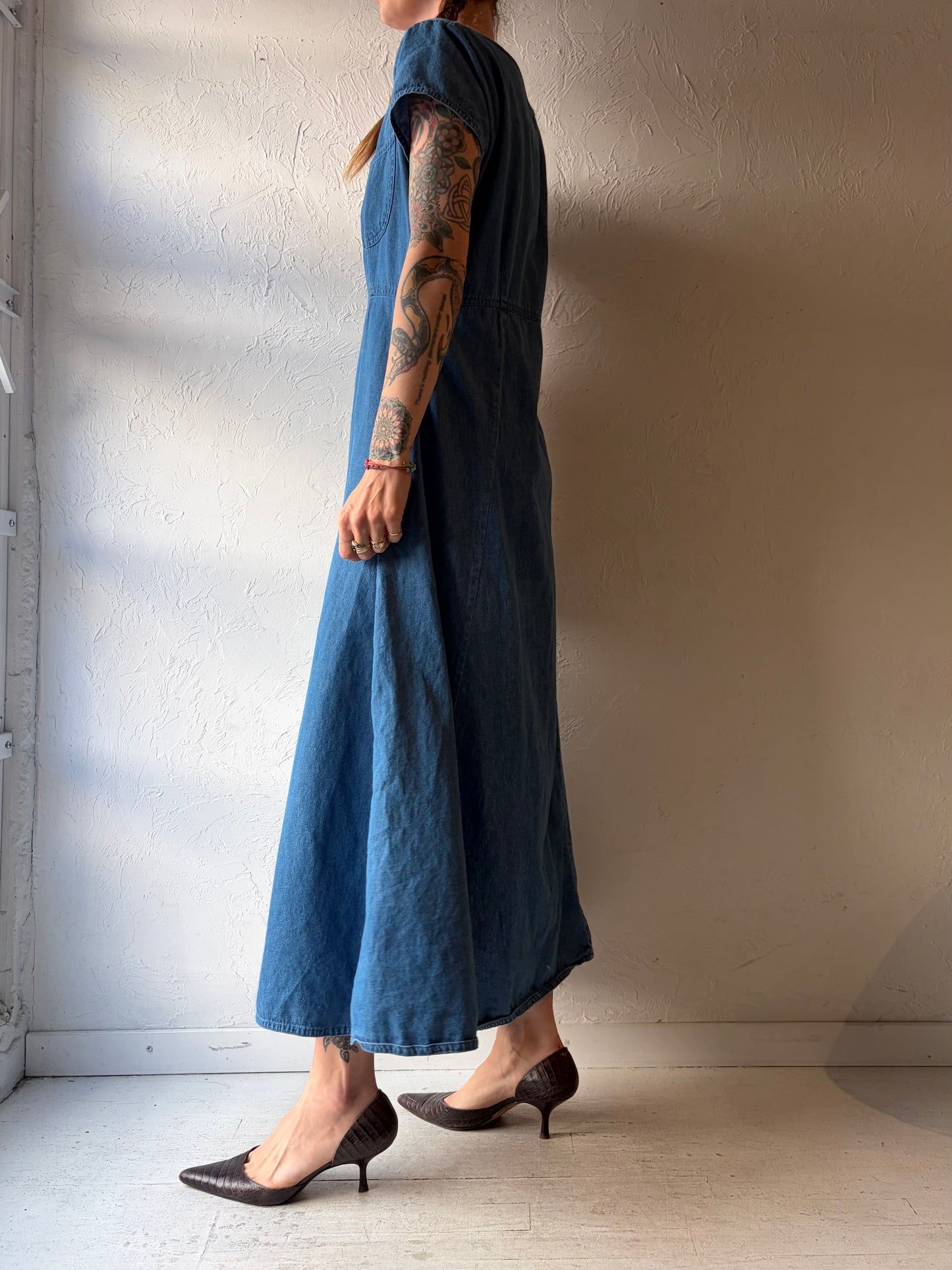 90s 'East West' Button Up Denim Maxi Dress / Medium