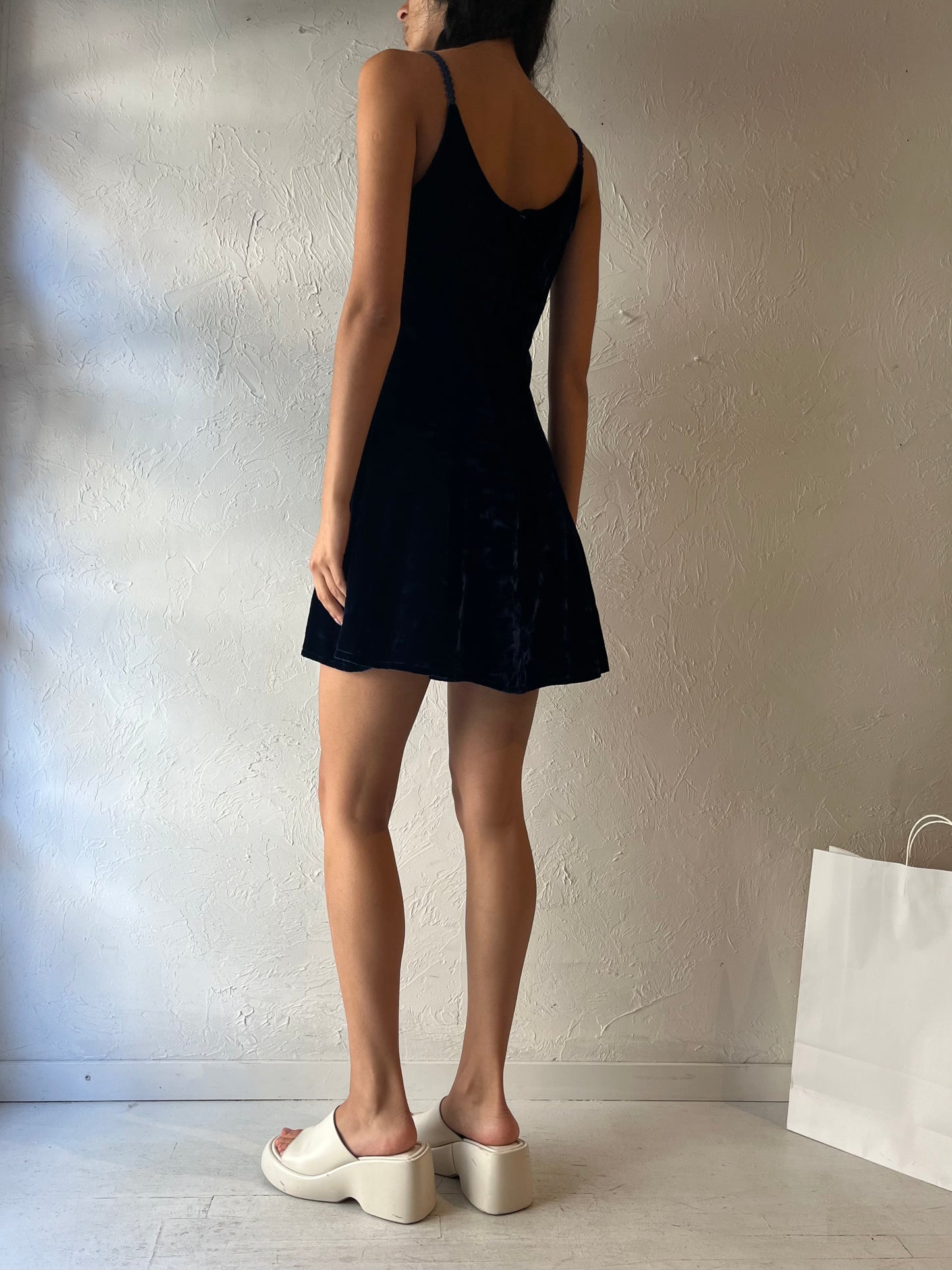 90s ‘Limbo’ Navy Blue Crushed Velvet Mini Dress / Small