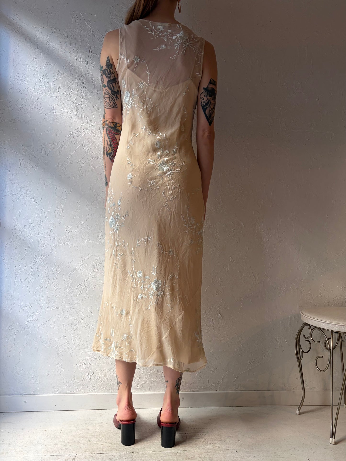 80 'Bonnie Straus' Cream Silk Floral Dress / Small