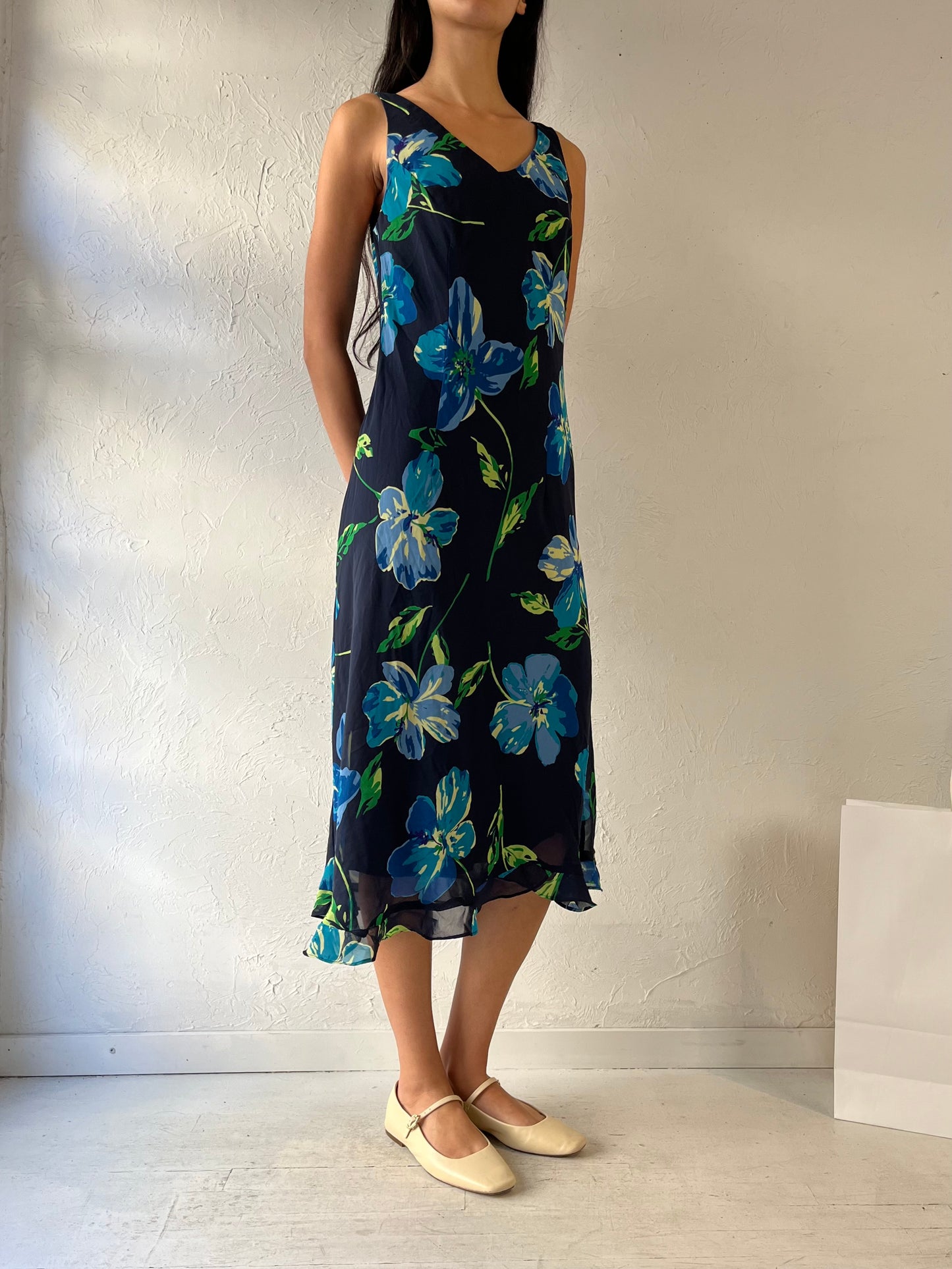 90s ‘DJ Summers’ Blue Floral Print Dress / Medium - Large