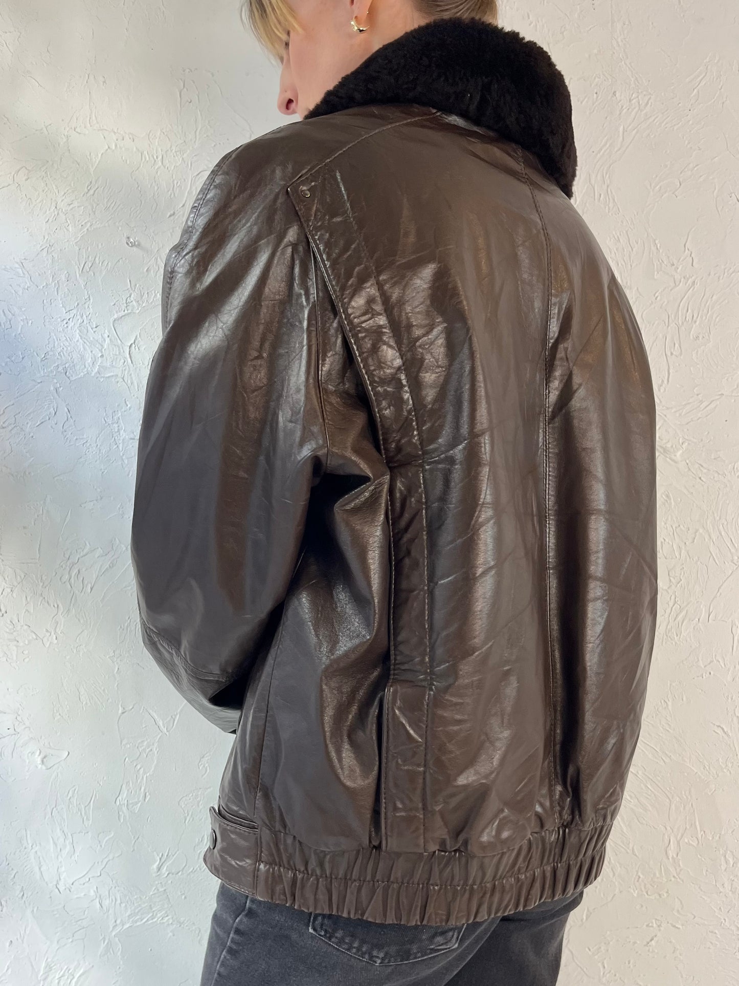 90s 'Members Only' Brown Leather Flight Jacket / Large