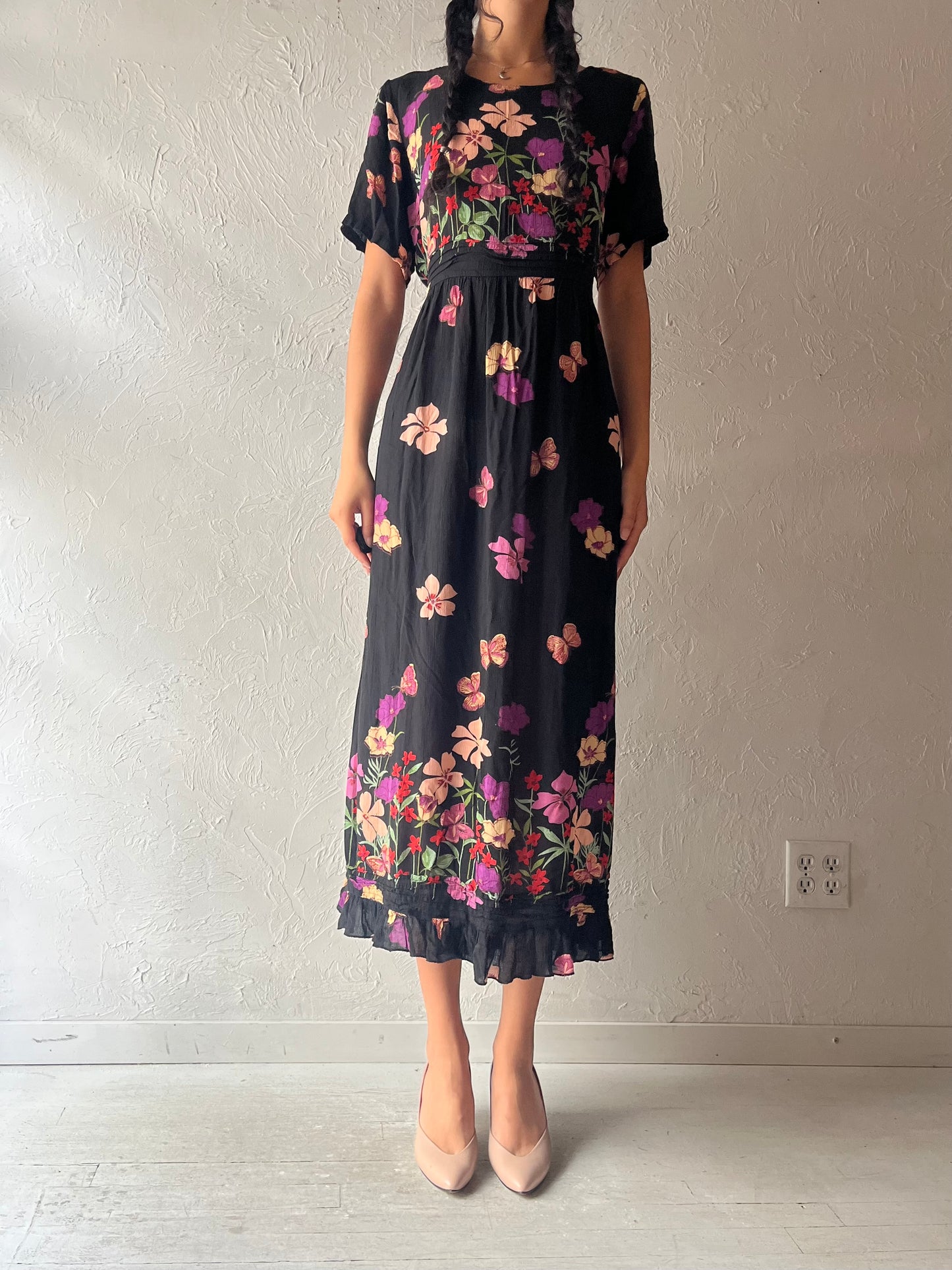 90s 'Papaya Moon' Floral Print Maxi Dress / Large